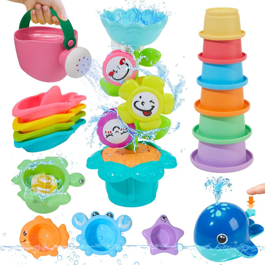 Mold Free Bath Toys for Kids Ages 1-3, 17PCS Easy Clean & Colorful Baby Bath Toys for Toddlers 2-4 with Stacking Cups Fun Bathtub Pool Water Table Toys for Baby and Toddler Christmas Stocking Stuffers