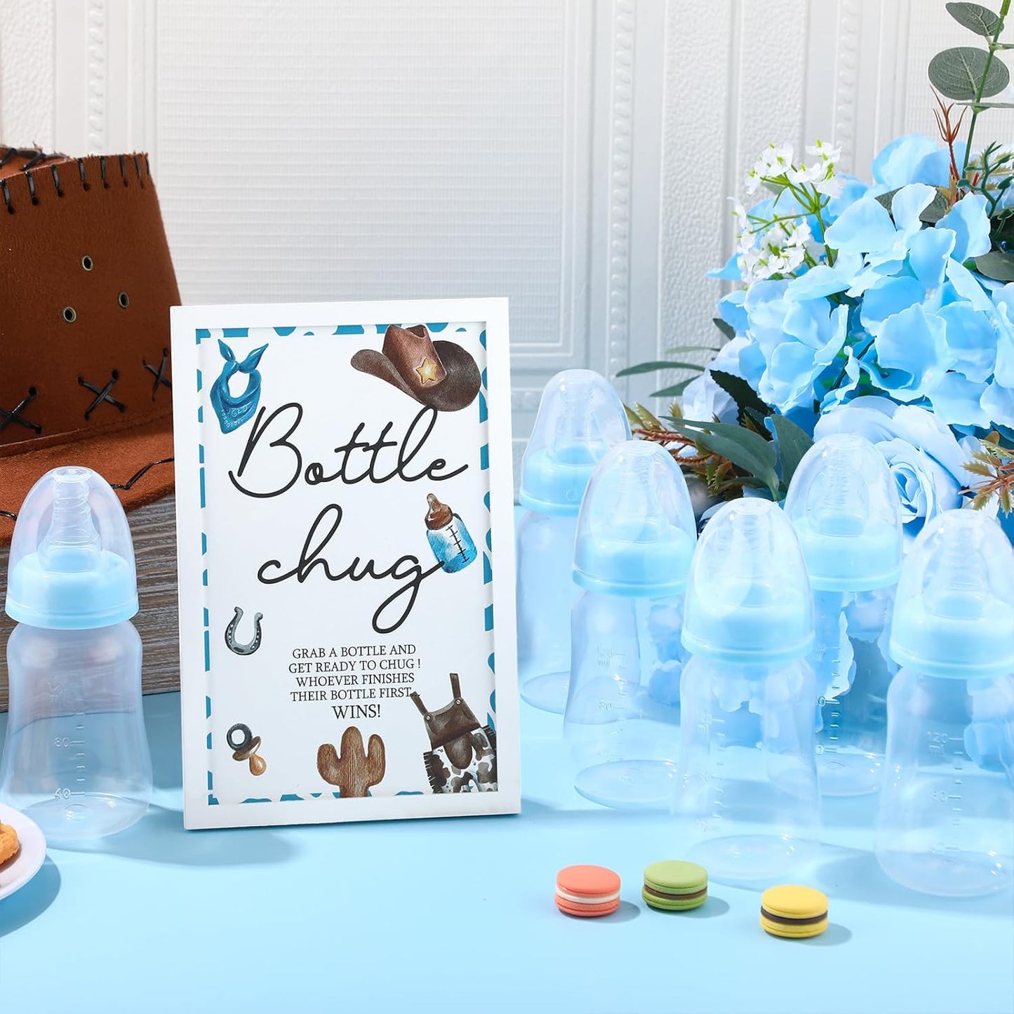 Roowest Bottle Chug Baby Shower Games Sets Including 18 Pcs Feeding Bottles with 1 Bottle Chug Wooden Sign for Gender Reveal Baby Shower Party Supplies(Blue,Cowboy)