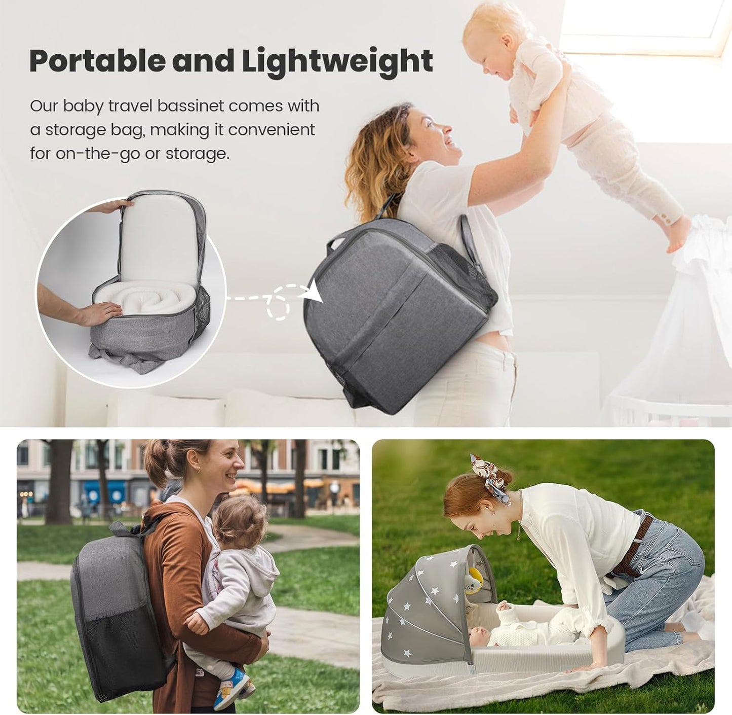 Portable Baby Bassinet- Travel Bassinet for Newborn and Infant, Suitable for Indoor & Outdoor Carry, Lightweight Foldable Washable, Portable Bassinet for Baby Travel, Portable Travel Bassinet, Grey