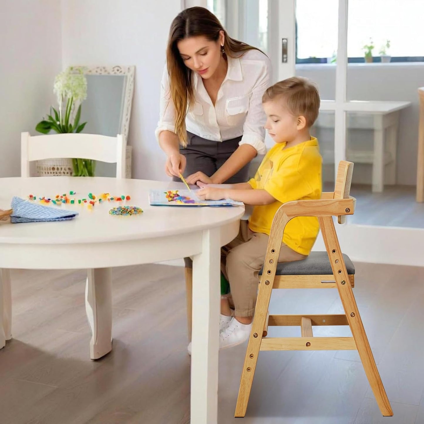 Solid Wood High Chair for Babies&Toddlers, Baby Highchair, Adjustable HighChair for Babies/Toddlers with Removable Cushion, Children Kids Dining Chair, Teens Study Chair with Steps (Natural)