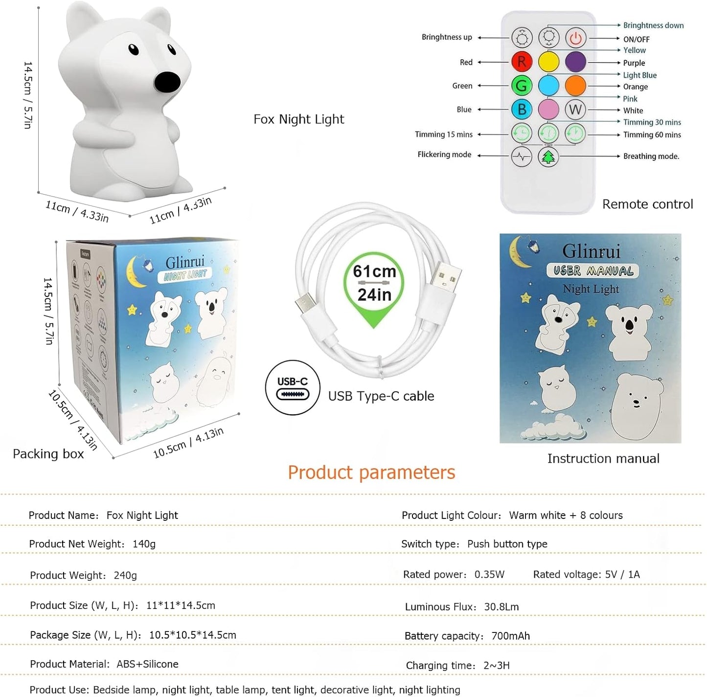 Fox Night Lights Bedside lamp, Bedroom Light for Kids, Baby Nursery lamps - Break Resistant, Eye Caring, Adjustable Brightness & Color and Time Setting, Gifts for Kids Babies Boy Girl - Medium