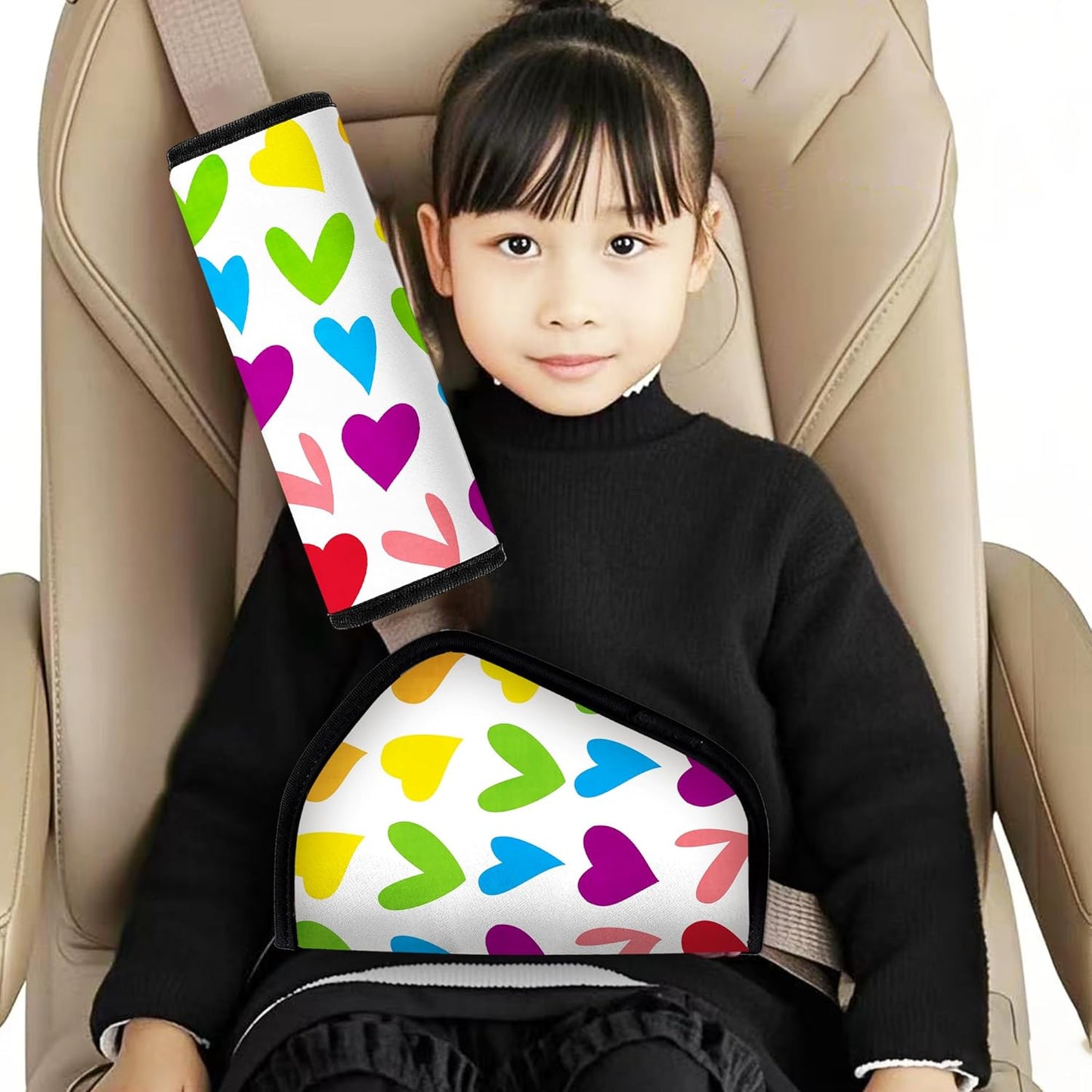 Kid'S Seat Belt Cover Pad, Neck & Abdomen Cushion For Children- Soft And Breathable Straps Cover Support For Booster Seat, Strollers, And High Chairs | Hypoallergenic Travel Accessory, Colorful Heart