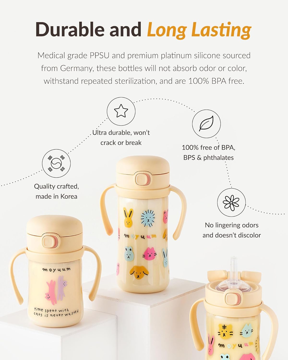 MOYUUM Leak Proof Sippy Cup with Handle | Made in Korea, 100% BPA Free PPSU, Magic No Spill Straw Cup with Attached Flip Top Lid, Easy to Hold for Babies and Toddlers, 6oz Gray