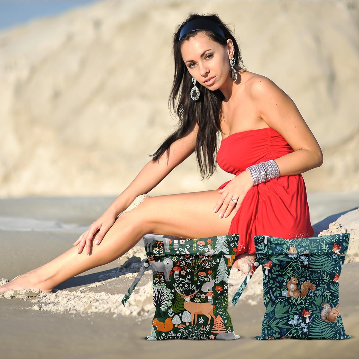 2Pcs Forest Animal Wet Bags 12x10 Inch, Cottage Core Botanical Waterproof Travel Laundry Bags, Squirrel Fox Wolf Reusable Wet Dry Bag for Swimsuit Pool Beach Diapers Dirty Yoga Gym Clothes