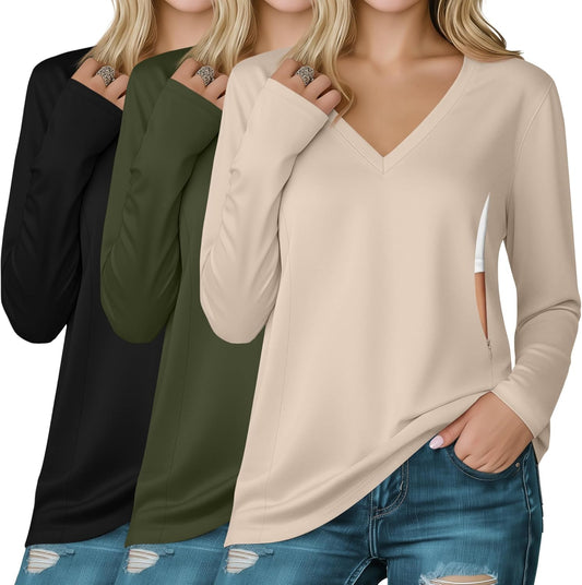 Huukeay 3 Pack Women's Long Sleeve Nursing Tops, Breastfeeding Hidden Zippers Shirts V Neck Maternity Pregnancy Tees Clothes