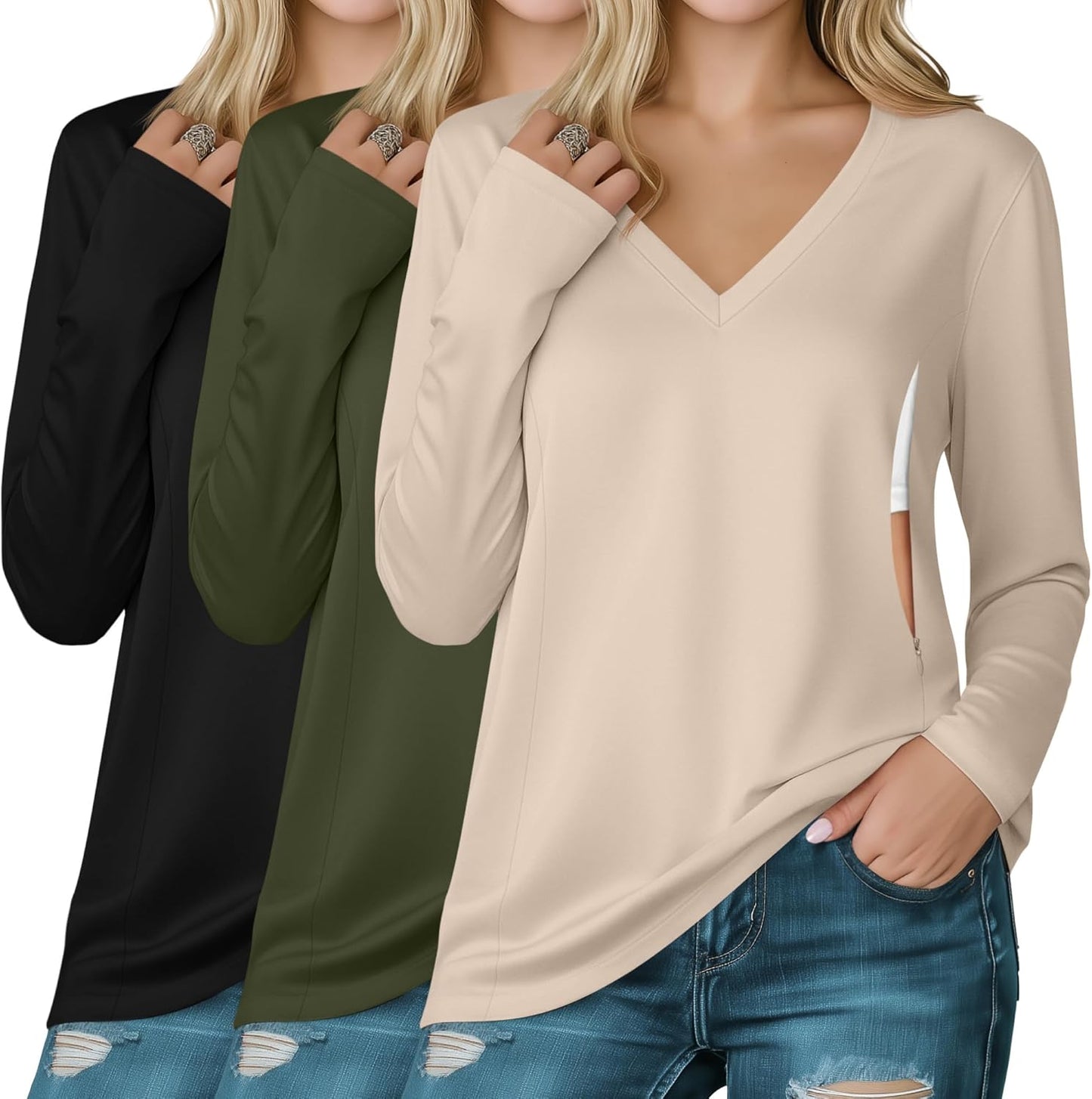 Huukeay 3 Pack Women's Long Sleeve Nursing Tops, Breastfeeding Hidden Zippers Shirts V Neck Maternity Pregnancy Tees Clothes