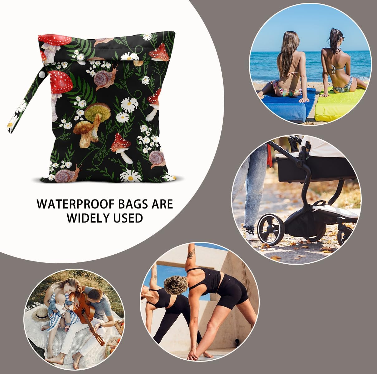 Cat Lover Gifts, 2Pcs Mushroom Cat Print Wet Bags, Wet Dry Bag Reusable Zipper Pouch for Swimsuit, Diapers, Beach, Dirty Yoga Gym Clothes, Toiletries, Waterproof Birthday Christmas Gifts