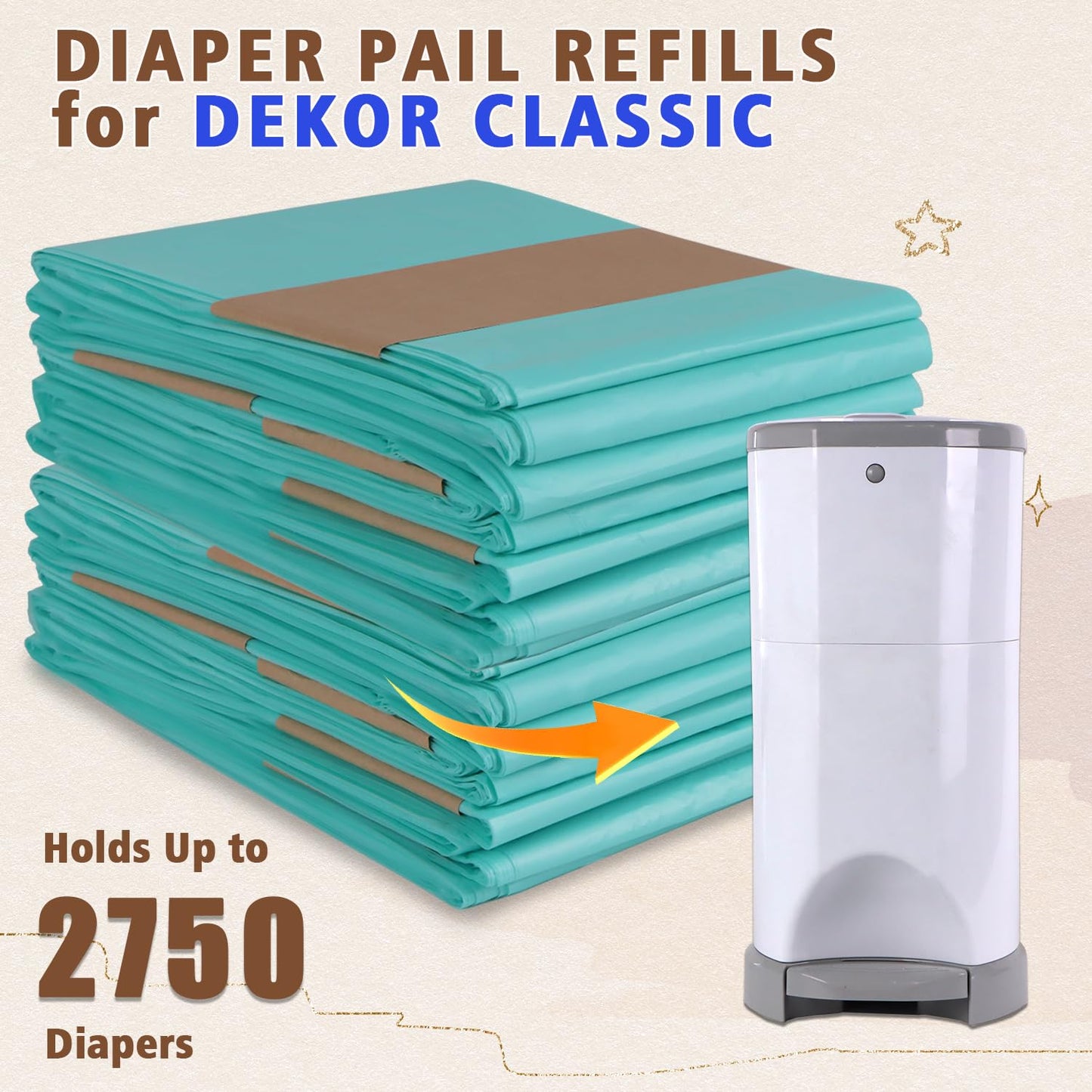 Refill Diaper Pail Bags Compatible with Dekor Classic Diaper Pails | 5 Pack | Diaper Pail Refills with 30% Extra Thickness | Baby Powder Fragrance | Holds up to 2750 Diapers.