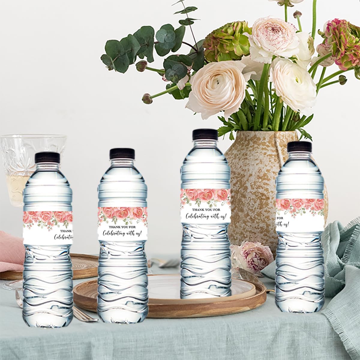 100PCS Wedding Water Bottle Labels Waterproof Greenery Floral Wraps Sticker for Water Bottle Baby Shower Bottle Label for Bridal Shower Party Thanks A09