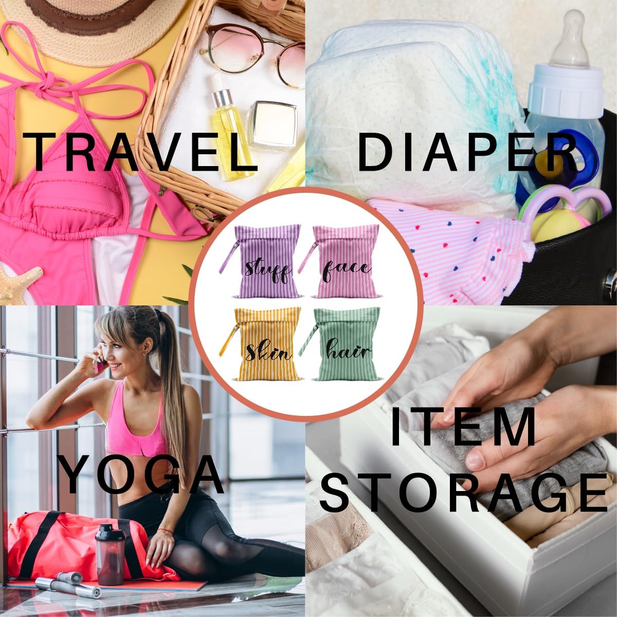 4 Pack Cute Wet Bag Waterproof Reusable Wet Dry Bag for Swimsuit Clothes Diaper Travel Pool Toiletries for Women Birthday Christmas (Stripes Purple Pink Green Yellow Face Stuff Skin Hair Organizer)