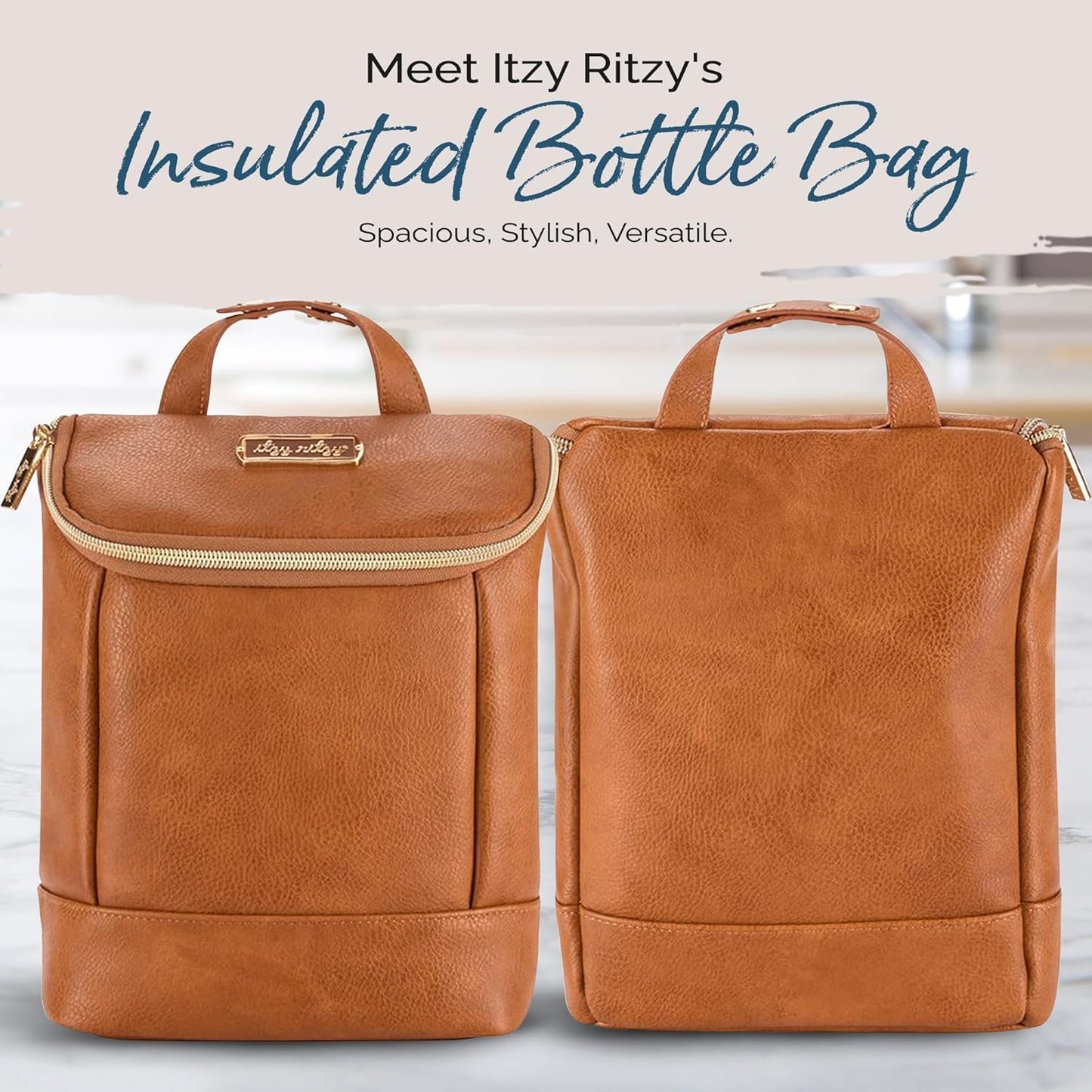 Itzy Ritzy Insulated Bottle Bag – Keeps Bottles Warm or Cool - Holds 3 Bottles & Features Interior Pocket for Ice Pack (Not Included), Cognac
