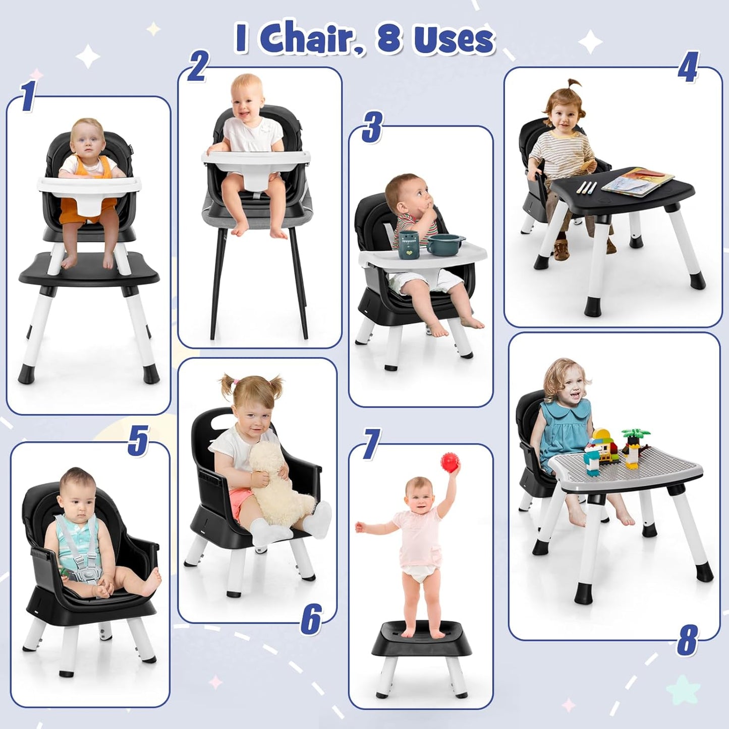 KOTEK Baby High Chair, 8 in 1 Convertible Highchairs for Babies and Toddlers, Building Block Table, Booster Seat, Toddler Chair with Removable Tray, Safety Harness, Dual Cushions (Black)
