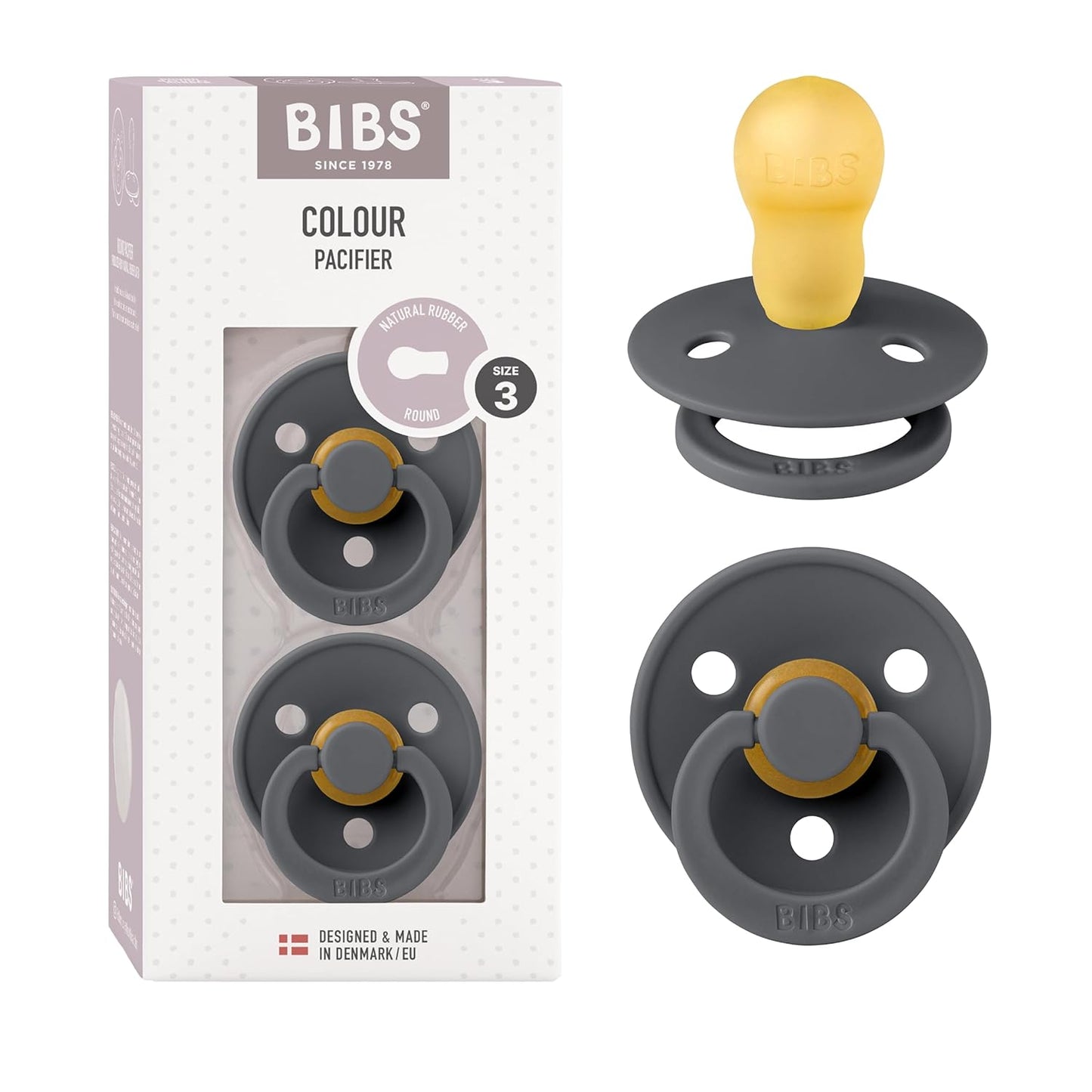 BIBS Pacifiers Colour Collection | Natural Rubber Baby Pacifier | Set of 2 BPA-Free Soothers | Made in Denmark | 18+ Months (Pack of 2) | Iron