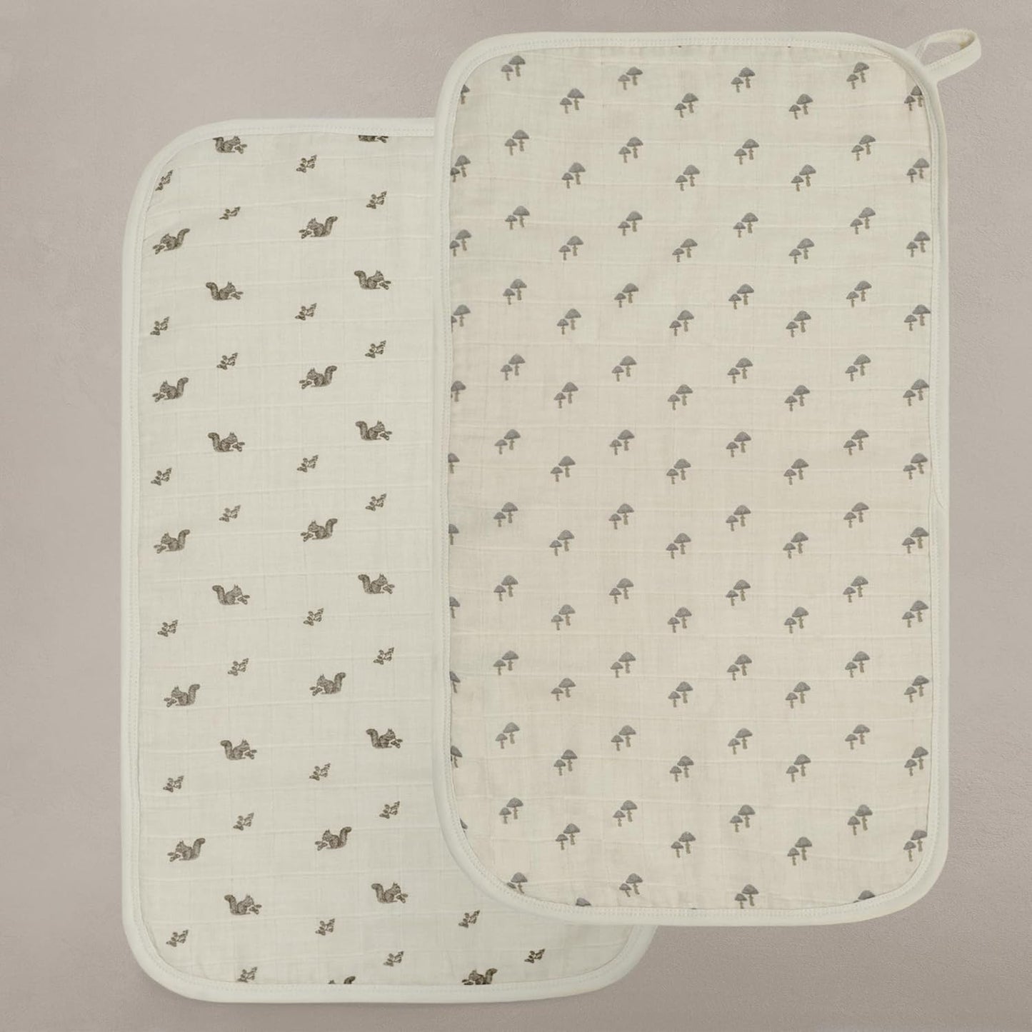Oilo Burp Cloth 2-Pack Set, Large (12" X 22"), Organic Premium Cotton 4-Way Muslin, Luxuriously Soft, Super Absorbent, & Durable, Machine Washable, Mushroom & Squirrel