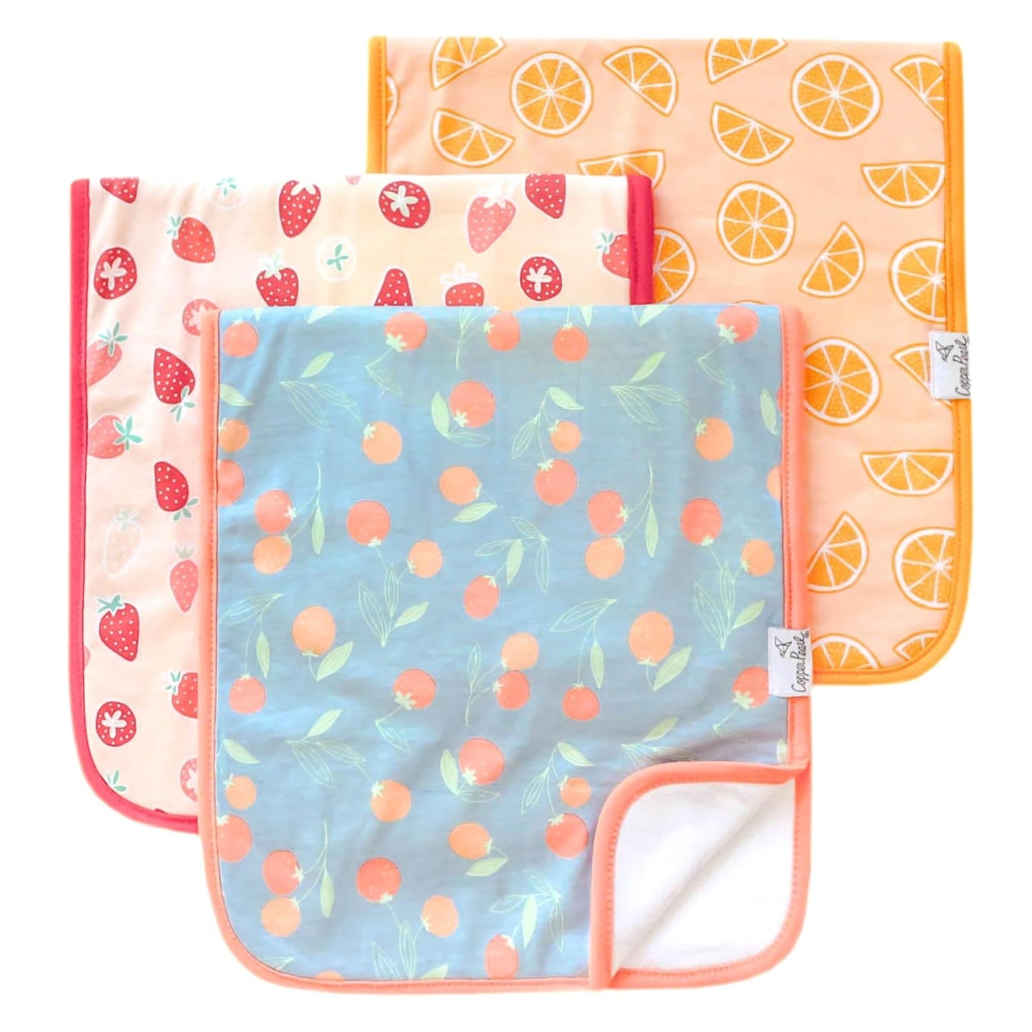 Copper Pearl Premium Baby Burp Cloths - 3-Pack Large Cotton Burp Cloths, Extra Soft Spit Up Rags with 3 Absorbent Layers, Perfect for Baby Boy and Baby Girl Gifts (21" x 10" Size, Clementine Set)