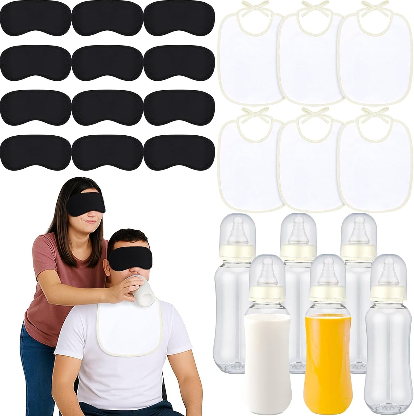 Leinuosen 24 Pcs Baby Shower Blindfold Feeding Game Set Include 6 Plastic Chug Bottles 6 Bib and 12 Eye Mask Blindfold Baby Feeding Bottle Chug Game for Adult Gender Reveal Party Supplies(Milky White)