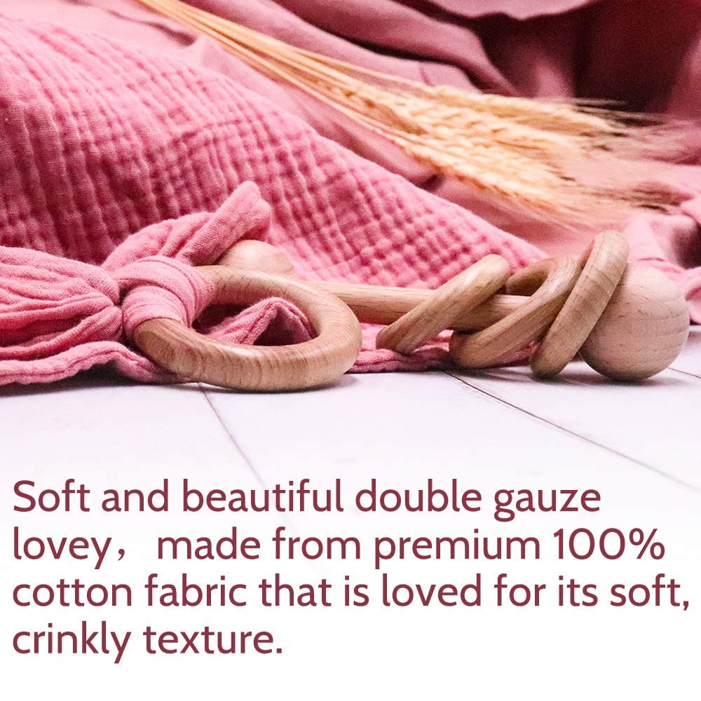 Baby Lovey, Wood Rattle, Teether Ring, 3 Pack Montessori Gift, Coral Pink, Cotton, Double Gauze, Baby Girl Shower Gift