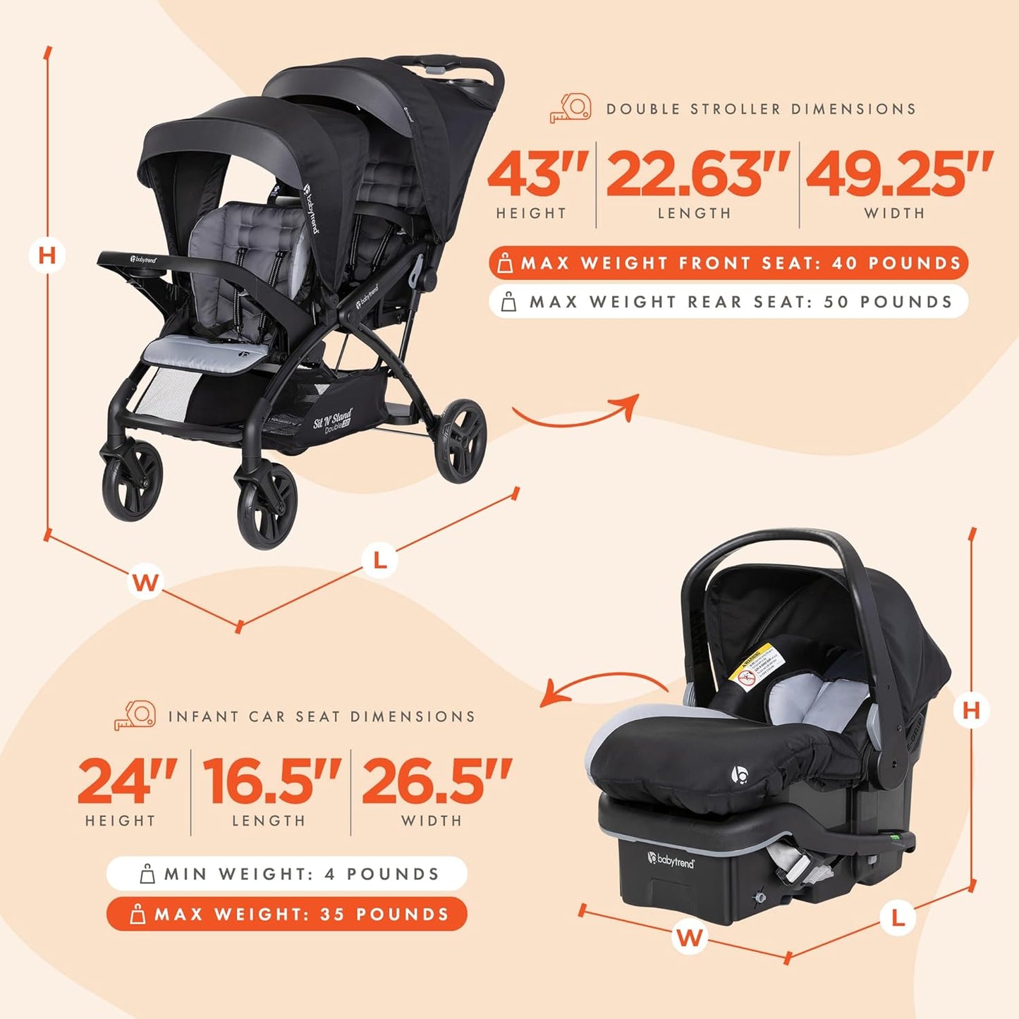 Baby Trend Infant and Toddler Double Stroller & Car Seat Combo, 2 Pc Set, Stormy - Lightweight and Compact Travel Stroller and Carseat Tandem for Babies, Infants, and Toddlers