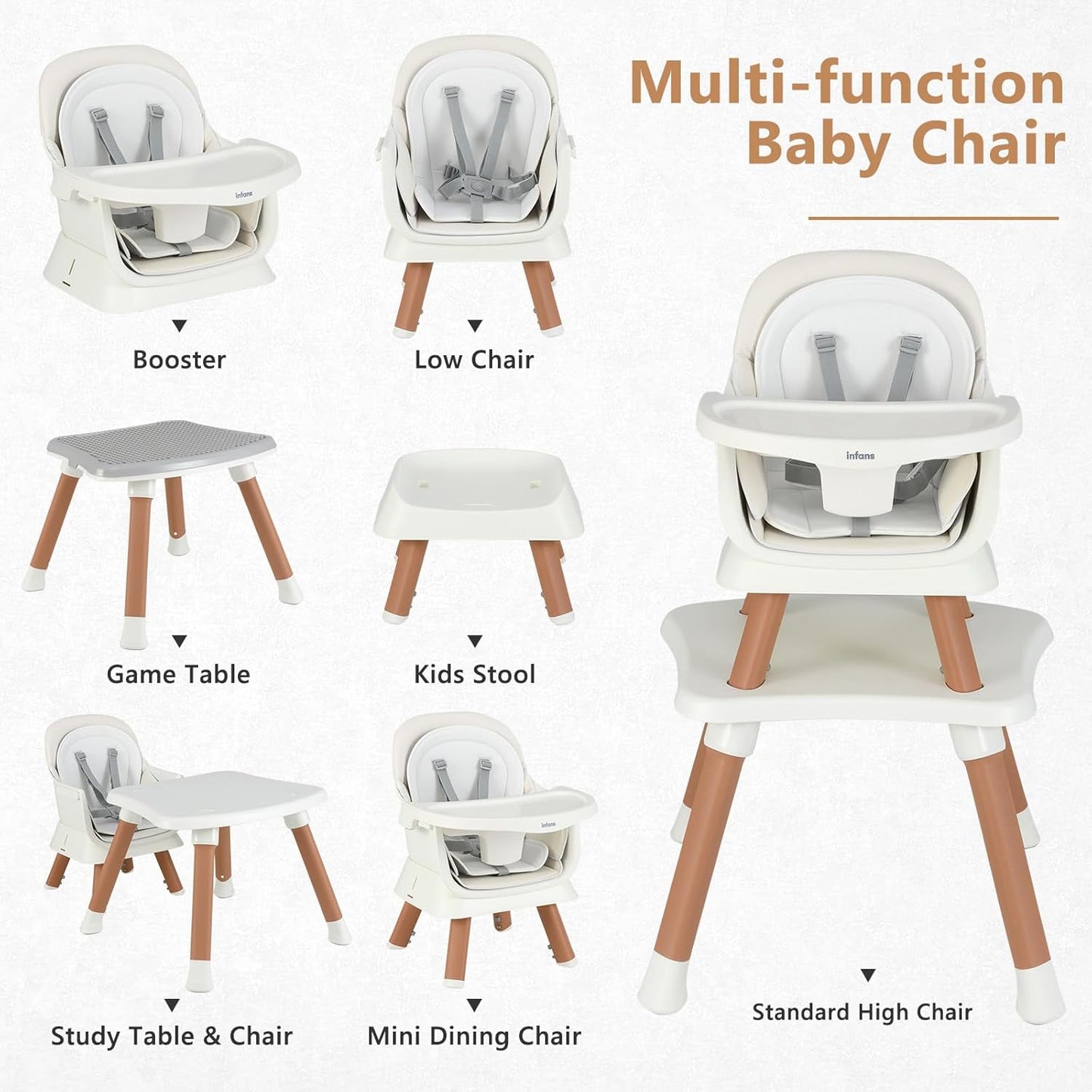 INFANS 8 in 1 Baby High Chair, Convertible Highchair for Babies and Toddlers, Infant Dining Booster Seat, Building Block Table, Kids Stool Table Chair Set with Removable Tray (8 in 1, White)