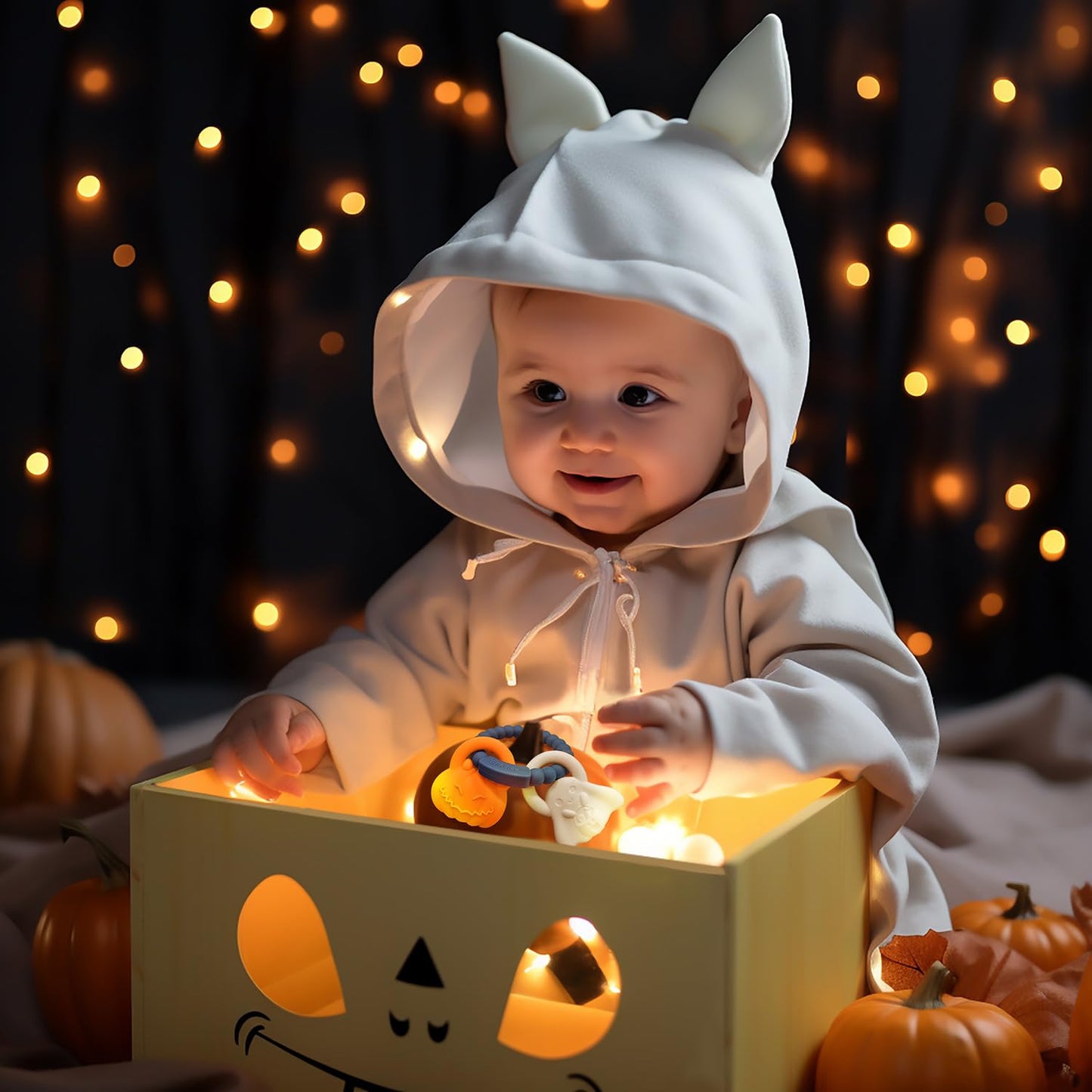 Silicone Teething Ring Toy, Halloween Baby Teether Toys with Rattles Pumpkin and Ghost, Sensory Chew Toys for Babies 3-6-12 Months to Soothe Sore Gums,Dark Grey