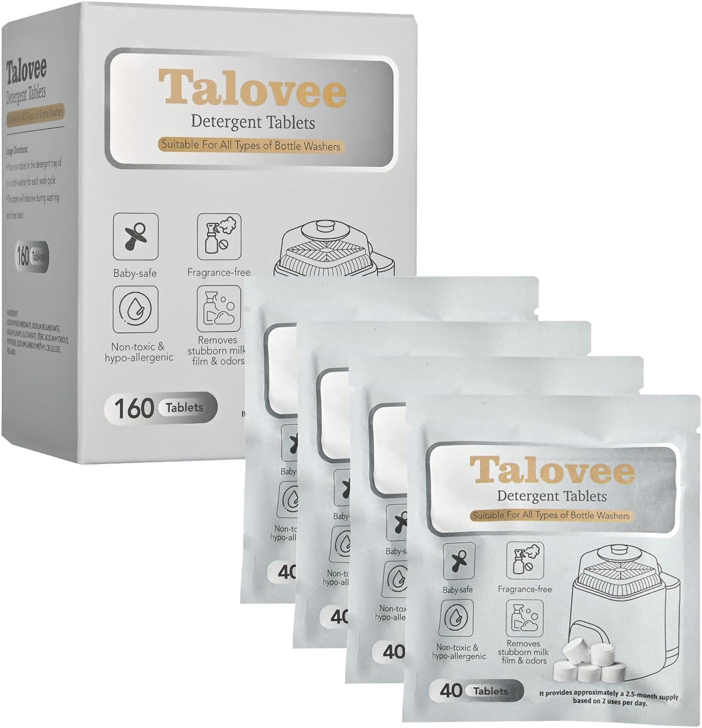 Official Washing Block for All Kinds of Baby Bottle Washers, 160 Detergent Tablets