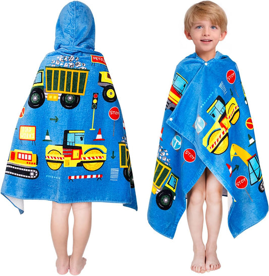 Kids Hooded Bath Towel-Soft Thick 100% Cotton Hooded Beach Towel for Kids 3-10 Years,Absorbent Fast-Drying Cute Toddler Bath & Swim Towel,for Boys & Girls,30"x50"(Construction Blue)