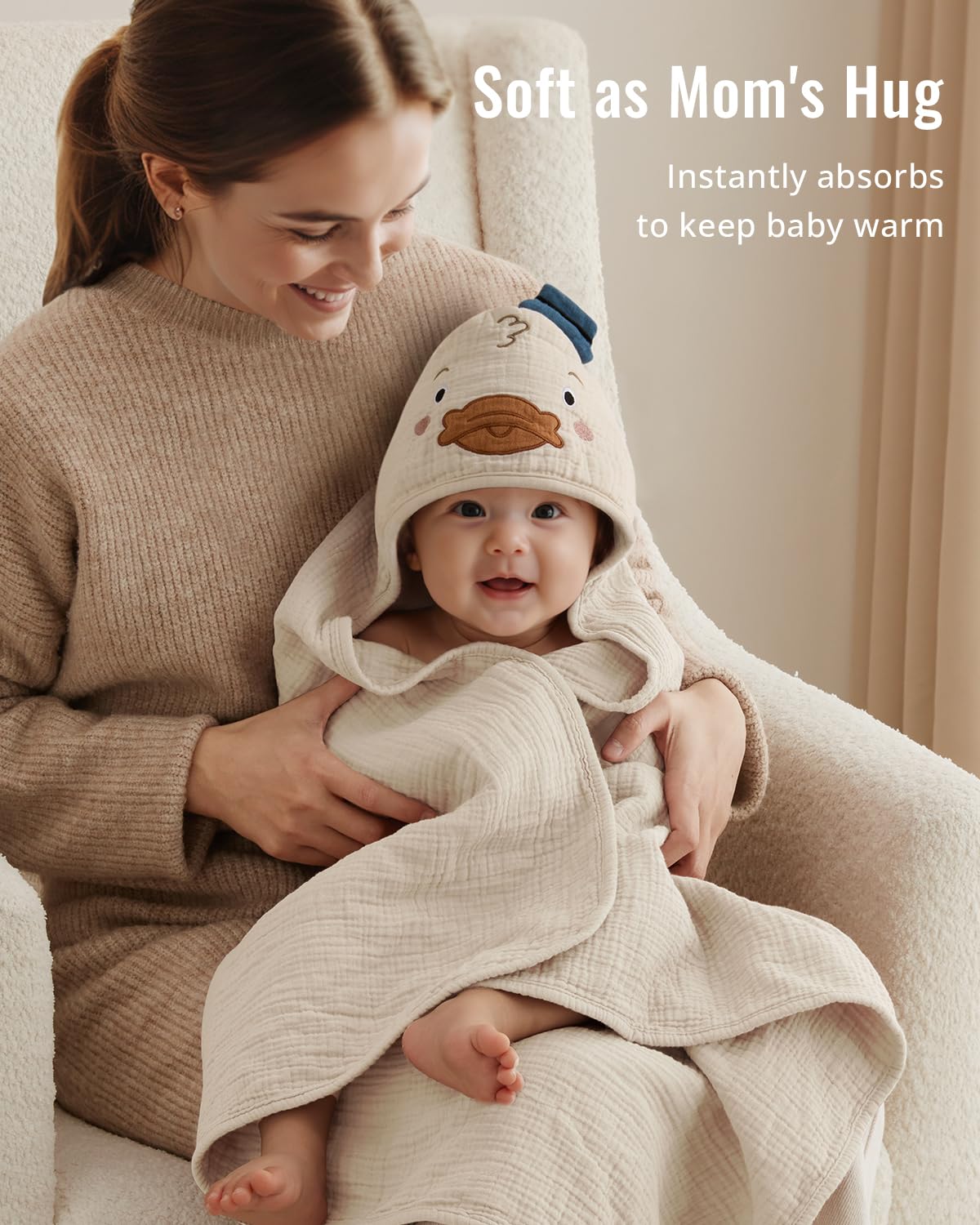 Blissful Diary Muslin Baby Hooded Towel 1 Pack, Soft & Absorbent Bath Towel for Infant, Toddler, Unisex, Baby Gift, Newborn Essentials, Dapper Duck