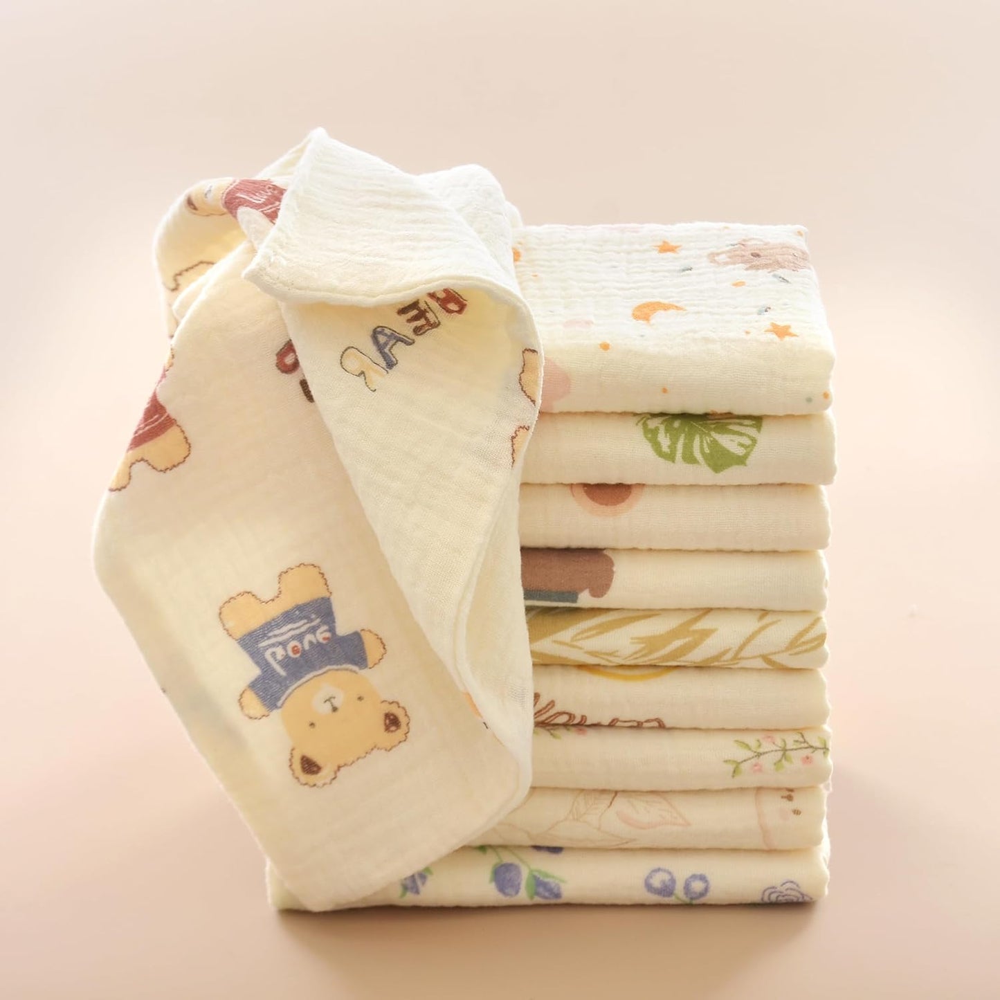 Baby washcloths,Soft Newborn Face Towels for Sensitive Skin,Cute Patterns for Infant,Toddler,Kids and Makeup Remover, 10 Pack 12x12 inches Registry as Shower (Animals)