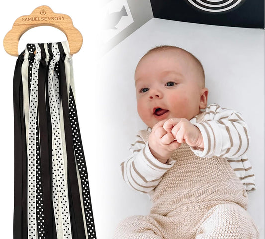 Samuel Sensory Toys Cloud Ribbon - Black and White Baby Toys 0-3 Months Made with Beech Wood & Soft Grosgrain and Satin Ribbon - Developmental High Contrast Baby Toys & Tummy Time Toys