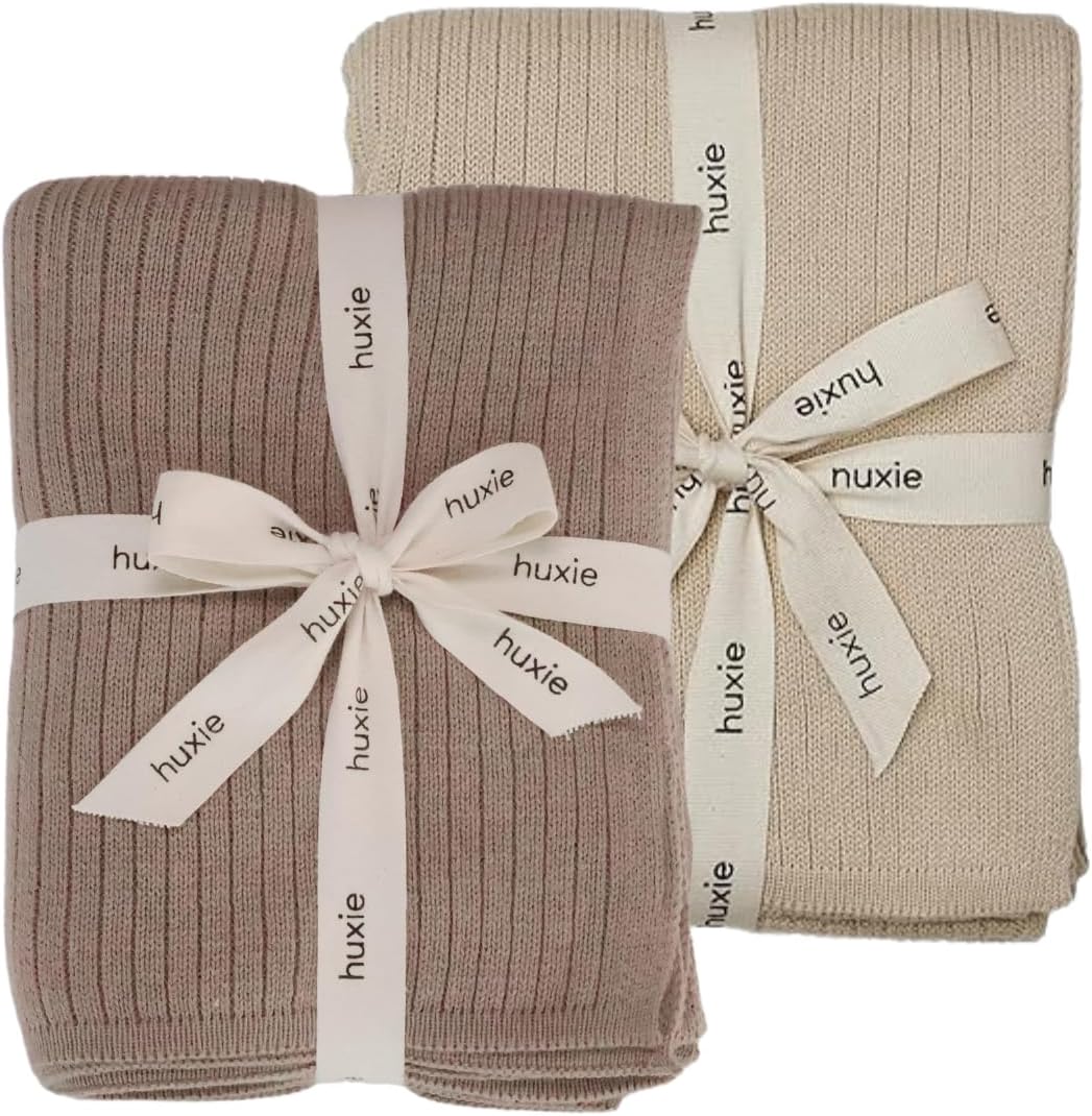 Knitted Organic Cotton Baby Blanket- Swaddle Blanket, 30" x 40" Soft Receiving Blanket for Newborn 2-Pack (Fog/Mochachino)