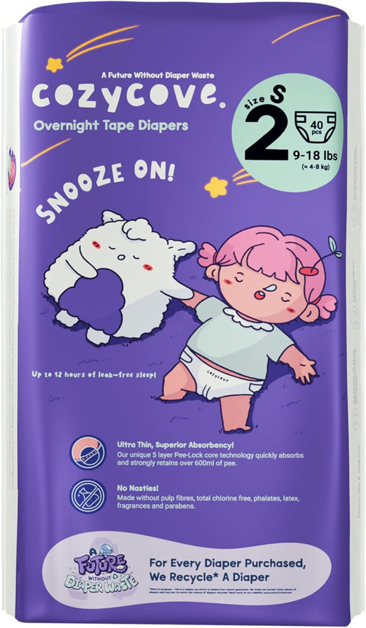 Cozycove Size 2 Diapers, Snooze On Slim Overnight Tape Diapers, Size 2 (9-18 lbs), 1 Pack of 40 Count