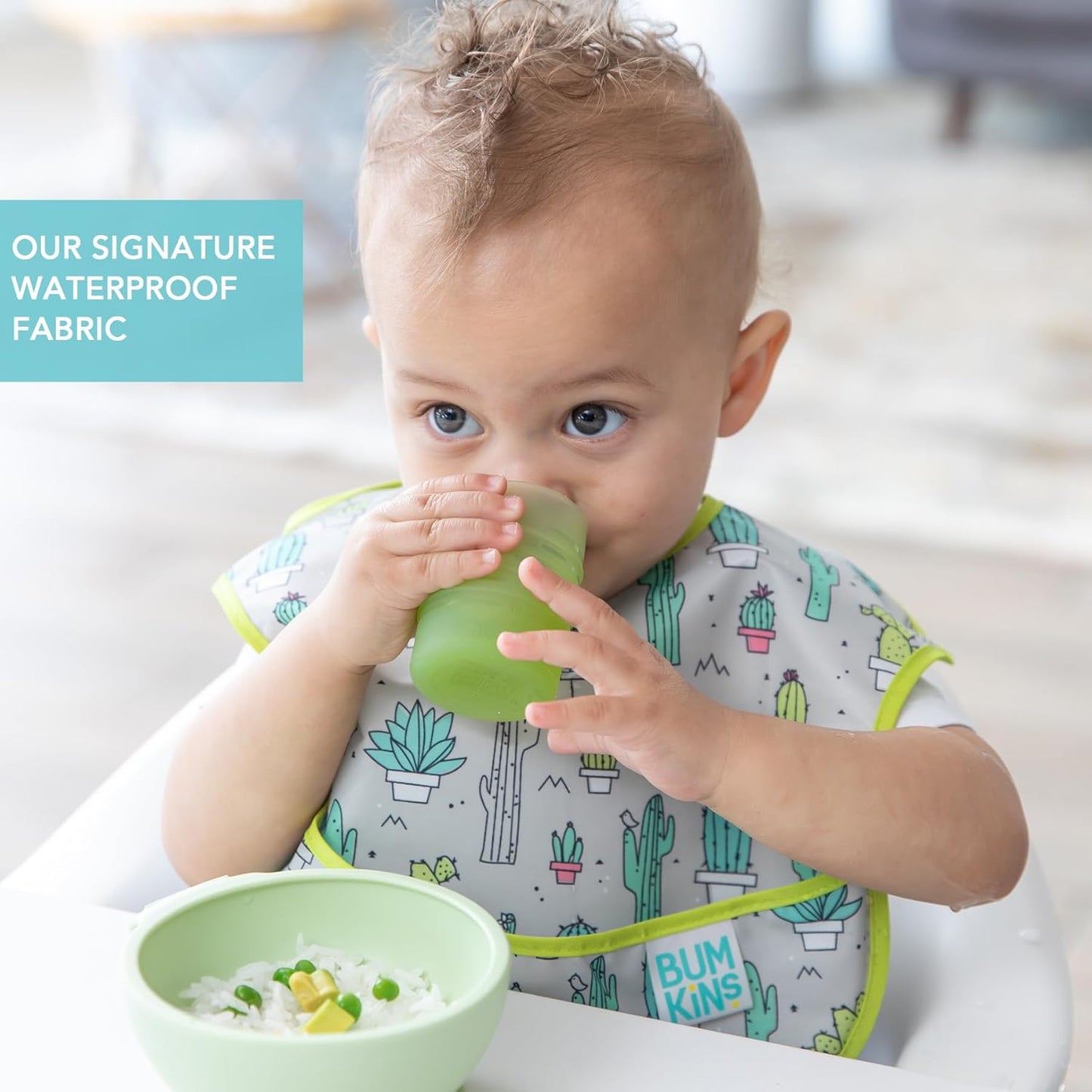 Bumkins Bibs for Girl or Boy, SuperBib Baby and Toddler 6-24 Months, Essential Must Have for Eating, Feeding, Baby Led Weaning Supplies, Mess Saving Catch Food, Waterproof Soft Fabric, Green Cactus