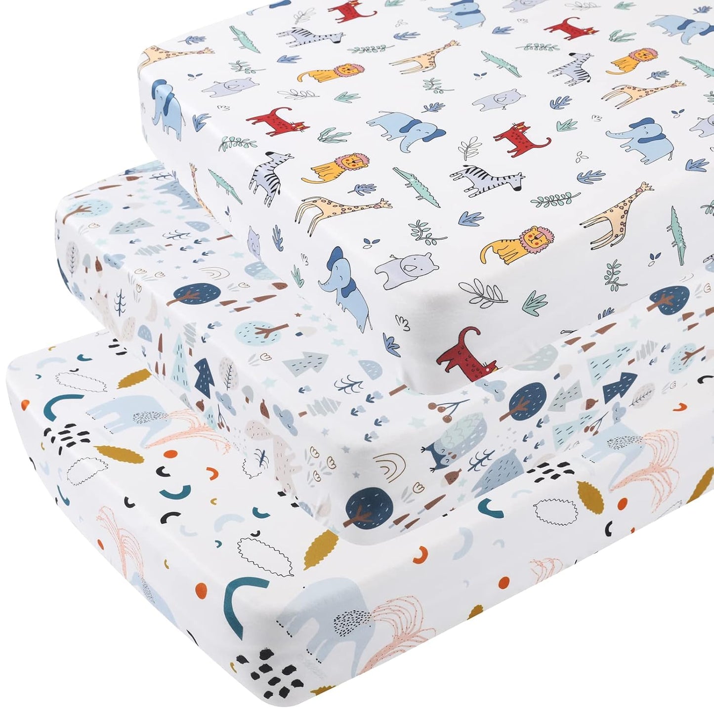 Onacosht Pack and Play Sheets 3 Pack for Baby Boy, Stretchy Jersey Knitted Portable Mini Crib Sheets Playard Mattress Cover, Woodland Animal Elephant Fox Lion Bear Giraffe Zebra Printing