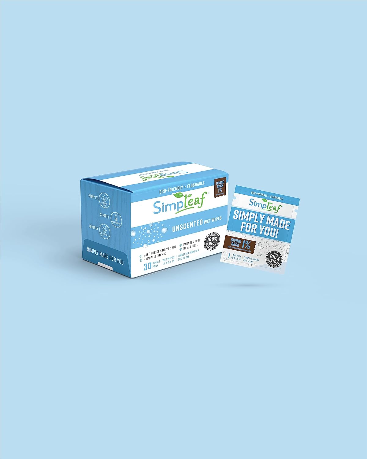 Simpleaf Flushable Unscented Single Pack Wet Wipes | Eco-Friendly Paraben & Alcohol Free | Hypoallergenic & Safe for Sensitive Skin | Soothing Aloe Vera Formula | (30 Single Pack Wipes)