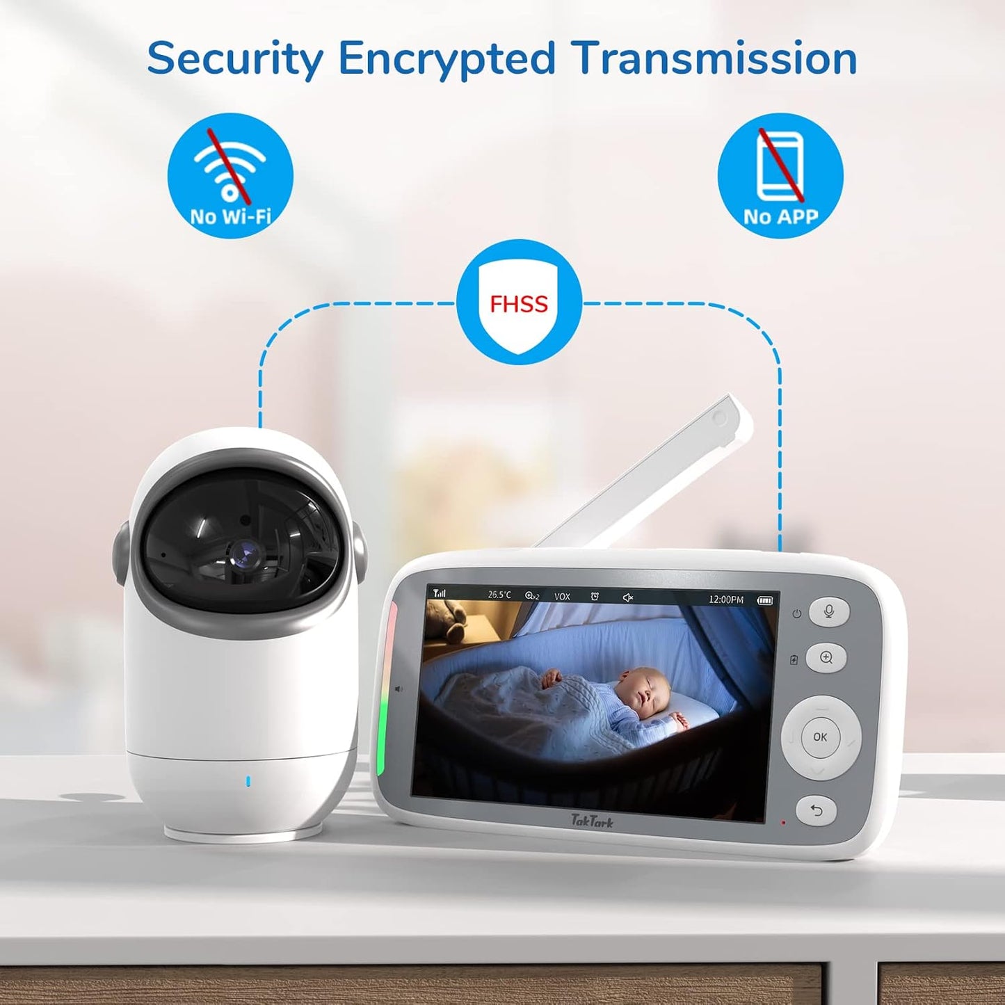 TakTark 5" HD 720P Baby Monitors, Video Baby Monitor with 2 Cameras and Audio, Night Light, 960ft Range, 2 Way Audio, Digital Zoom, Night Vision, VOX Sound Detection, Ideal for New Parent