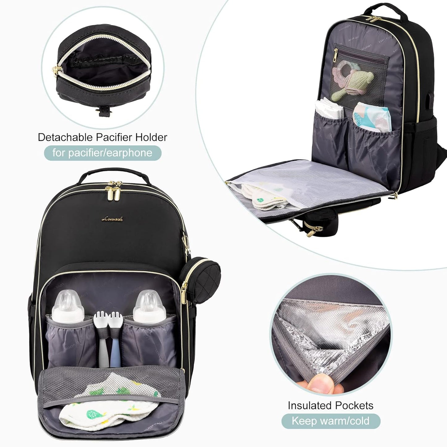 LOVEVOOK Diaper Bag Backpack, Quilted Baby Bag with Changing Pad & Pacifier Holder, Waterproof Travel Diaper Bags for Baby Boys Girls, Stylish and Large Capacity, Lozenge-Black