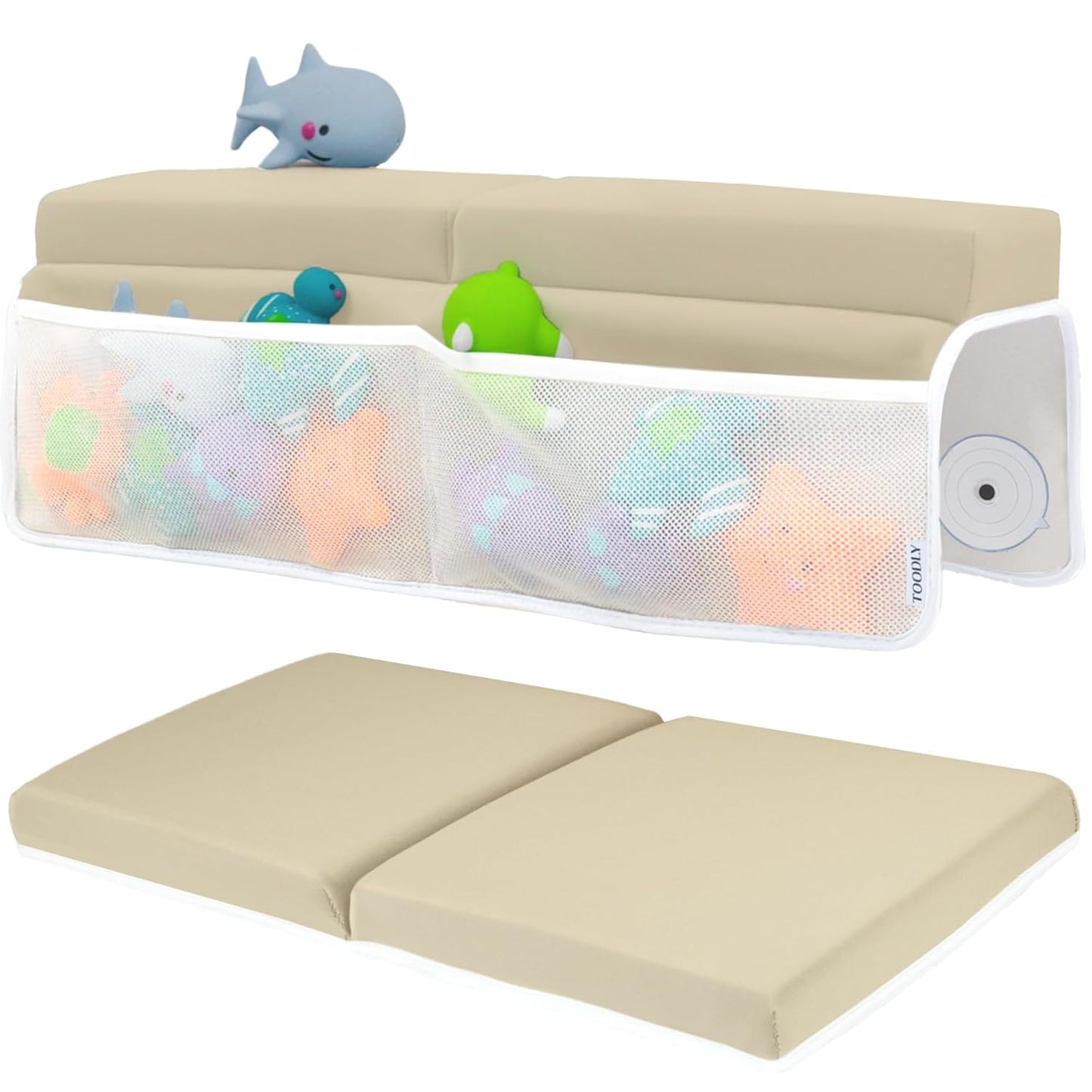 Comfortable Baby Bath Kneeler and Elbow Rest Pad Set – Thick Memory Foam Bath Kneeling Pad with Elbow Support – Baby Bathtub Cushion with Toy Organizer for Bathing Infant or Toddler - Beige