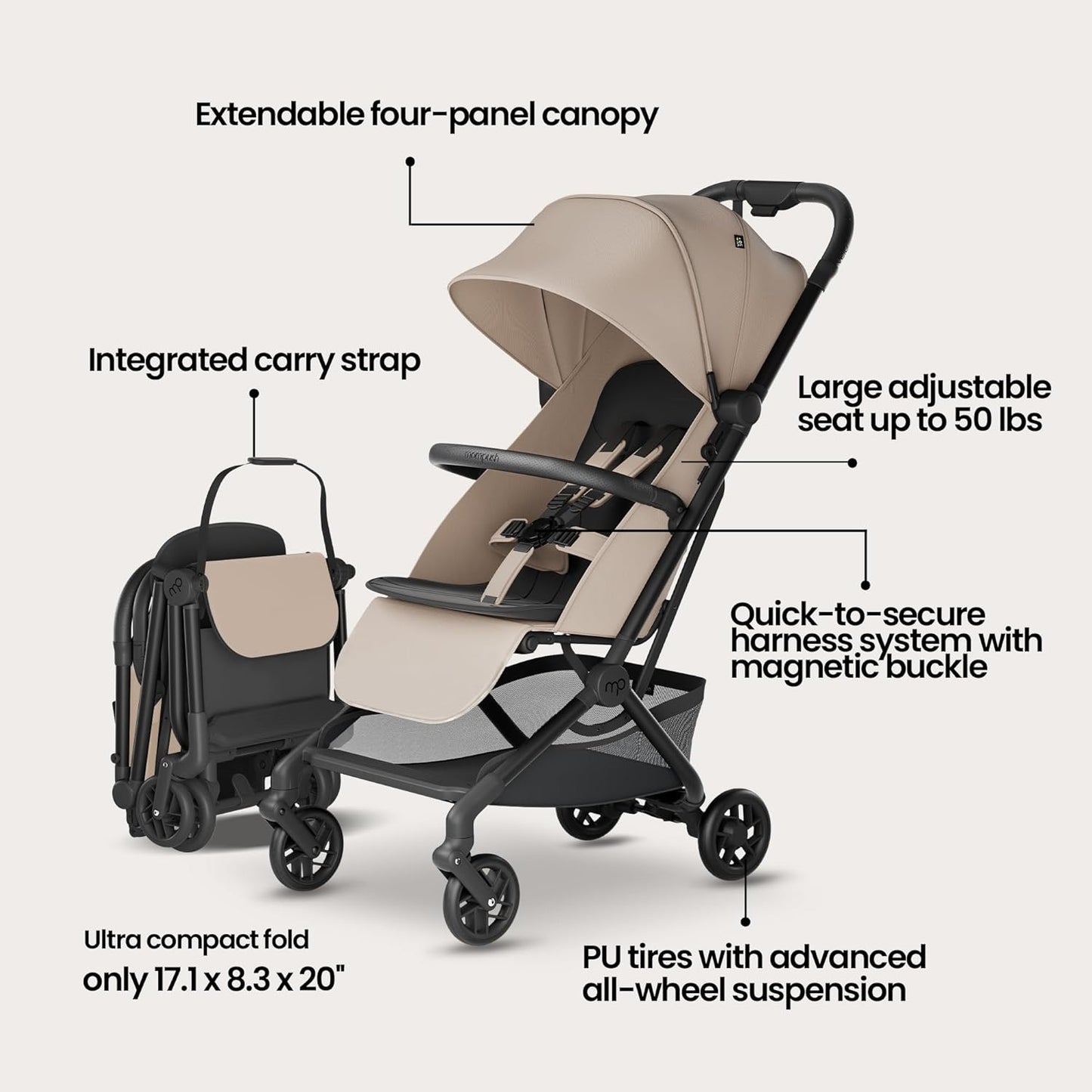Mompush Velo Lightweight Travel Stroller, Compact & Airplane-Friendly for Baby and Toddler, Lie-Flat Seat, One-Hand Fold, with Leather Bumper Bar, Shoulder Strap, Raincover, Storage Bag & Cup Holder