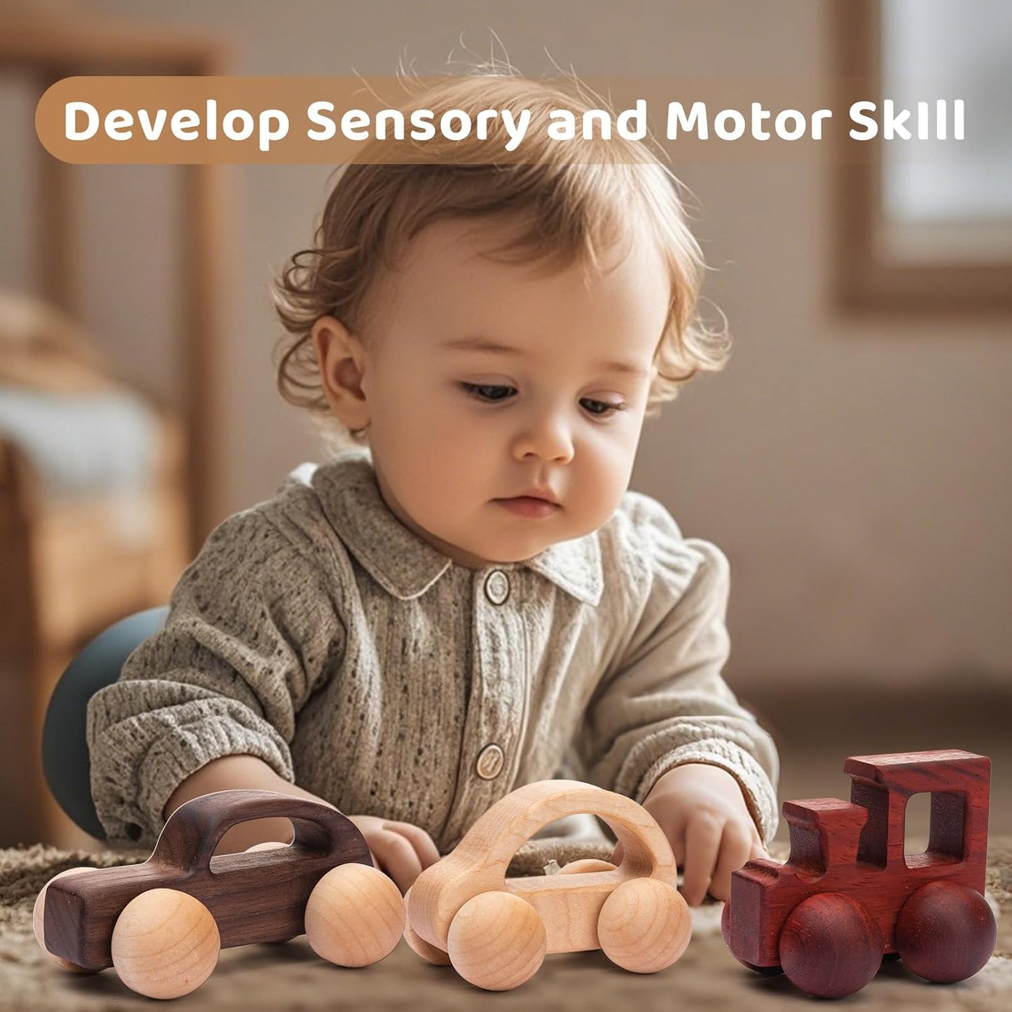 3PCS Wooden Baby Toys, Montessori Toys for Babies 0-6-12 Months, Baby Grasping Toys Push Car Toys for 1 Year Old Boy Birthday Gift #1