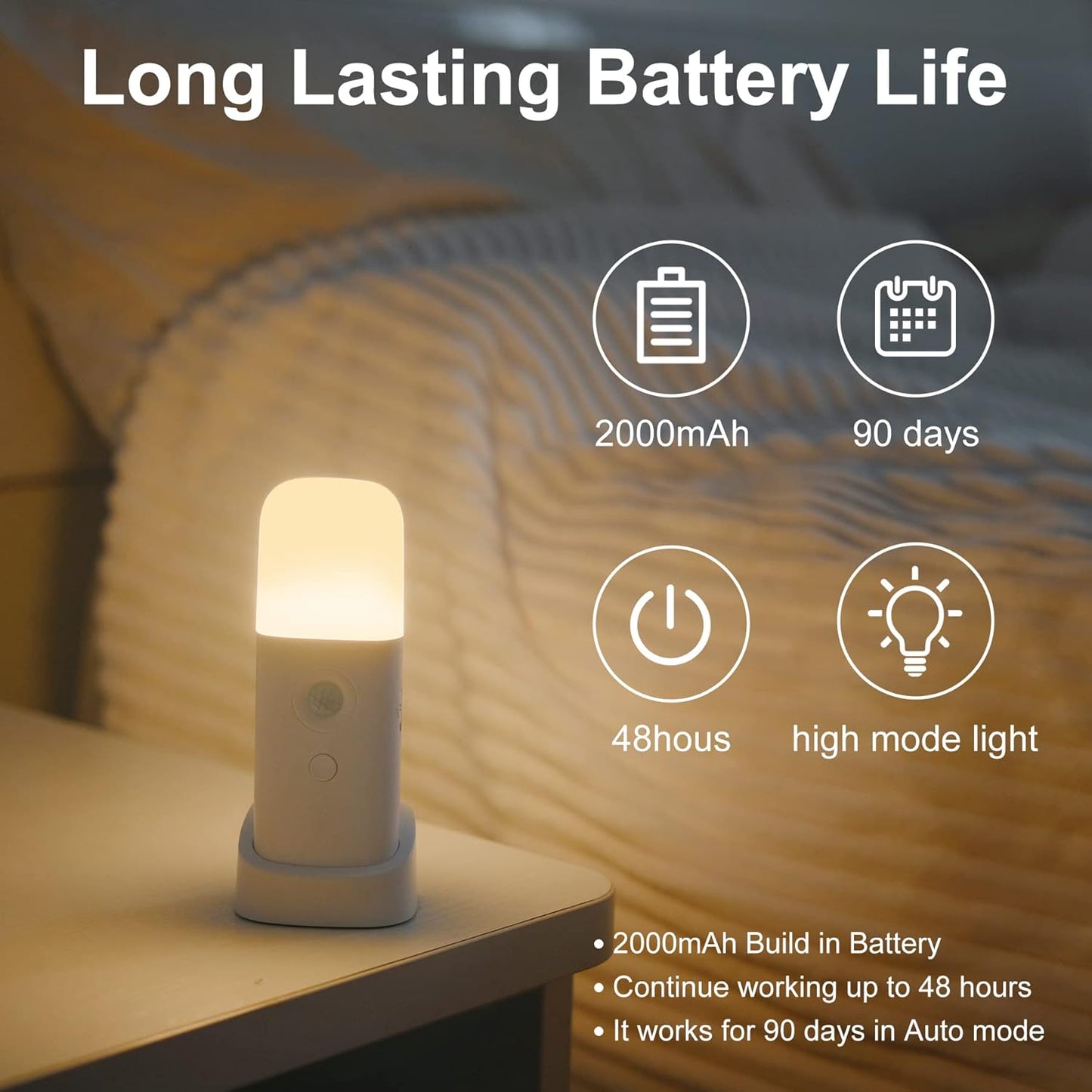 YELKO Motion Sensor Night Light, 2000mAh Rechargeable Night Lights Battery Powered, PortableＤimmable Nightlights with 5 Brightness Levels for Kids,Adults (Warm White 1Pack)