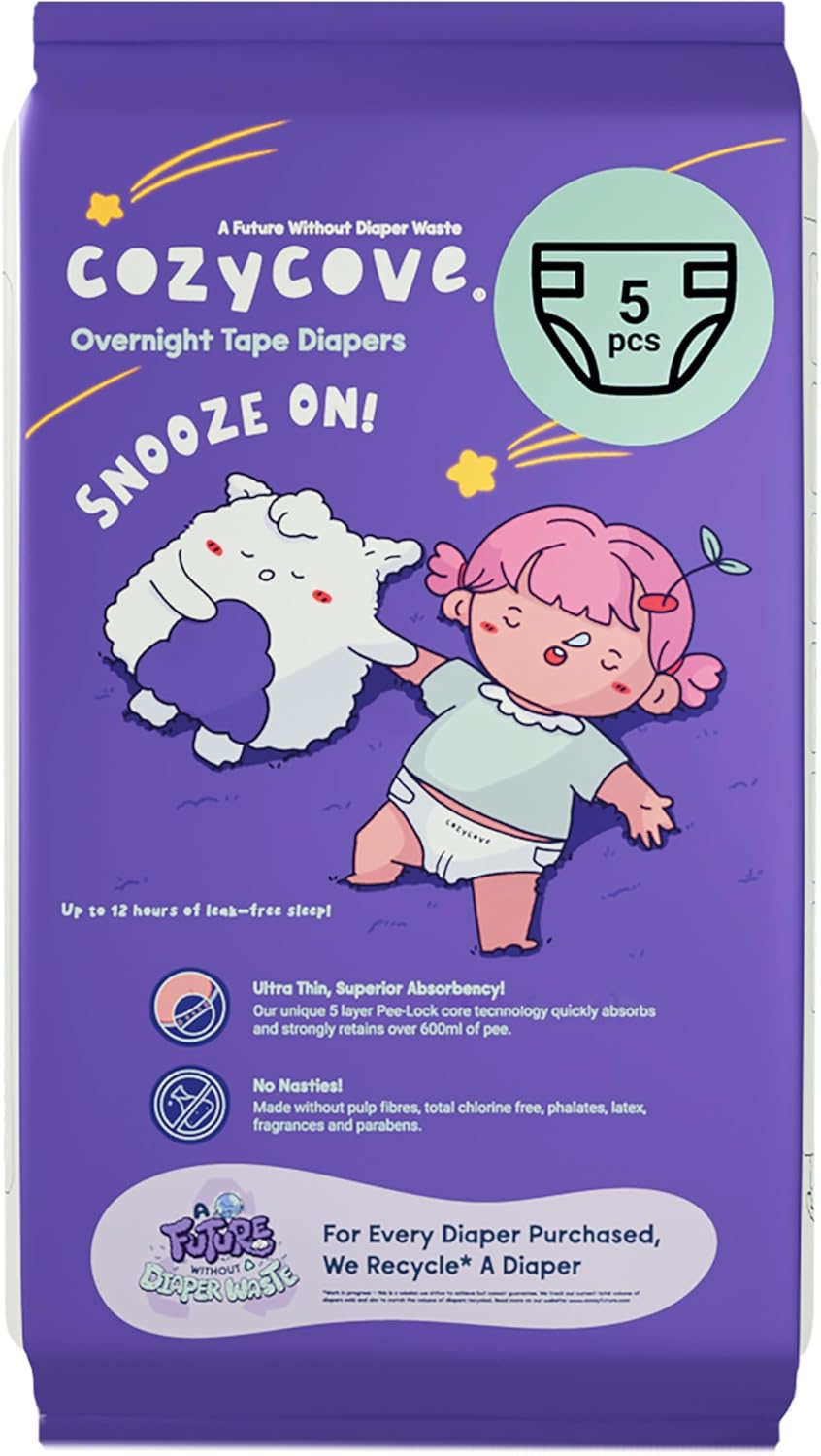 Cozycove Travel Pack Size 5 Diapers, Snooze On Slim Overnight Tape Diapers, Size 5 (28-39 lbs), 5 Count