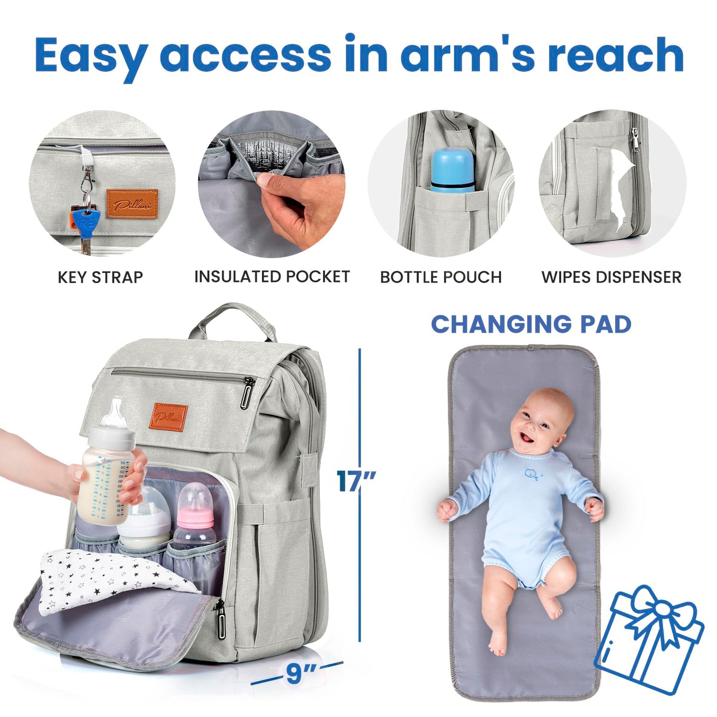 PILLANI Baby Diaper Bag Backpack - Large Bag for Boys & Girls, Waterproof Diaper Backpack - Travel Diaper Bags w/Changing Pad, Baby Registry Search & Shower Gifts - Essentials Must Haves Newborn Stuff