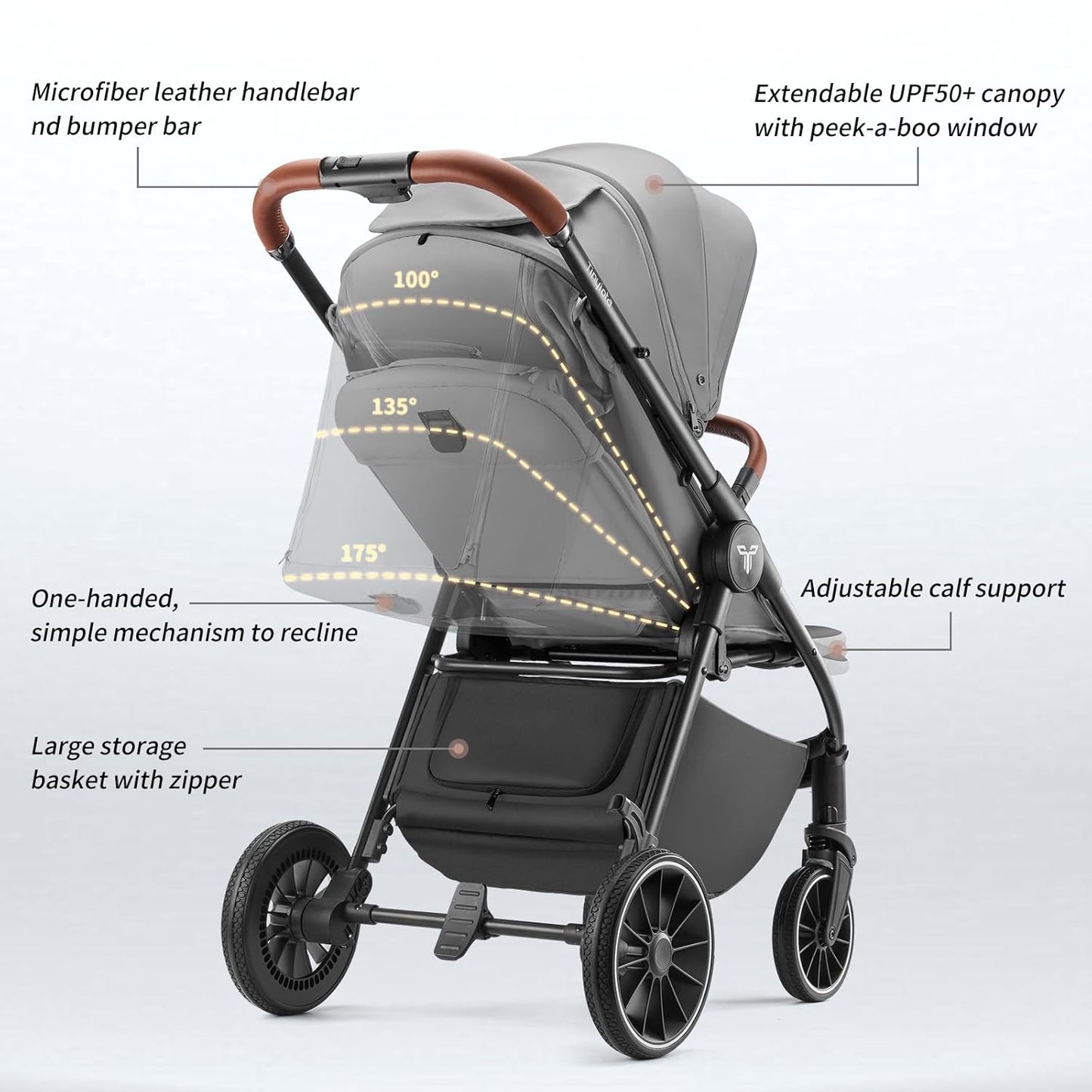 Tinyiota Baby Stroller for Kids,Toddler Stroller with Large UPF 50+ Canopy,Luxury Strollers with Leather Handle & Spacious Seat, One-Hand Foldable Pushchair,Baby Carriage with Lie-Flat Mode(Gray)