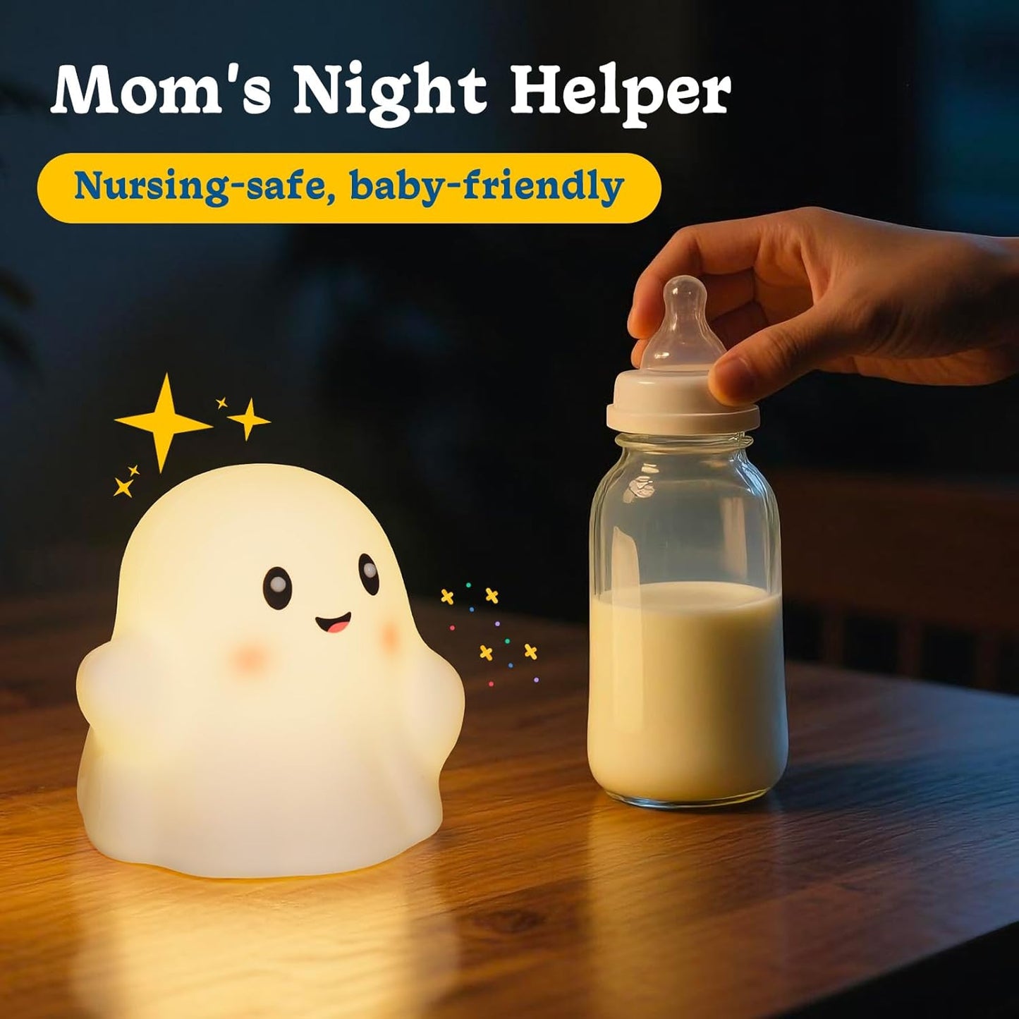 Ghost Night Light for Kids, Rechargeable Cute Night Lights with 1200mAh Battery and 19 Sounds/30 Min-Timer/3 Light Modes, 3000K Silicone Touch LED Night Lamp for Mom Bedroom Christmas Decor