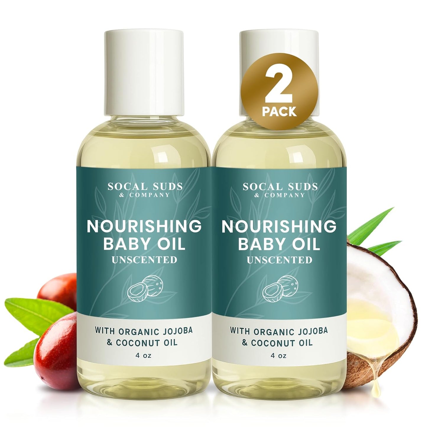 SoCal Suds & Company -Natural & Organic Baby Oil -Newborn Essentials -Gentle Moisturizing Nourishing Oil for Delicate Tender Skin -Vitamin-Enriched with Jojoba and Sunflower Oils - Fragrance Free, 4oz