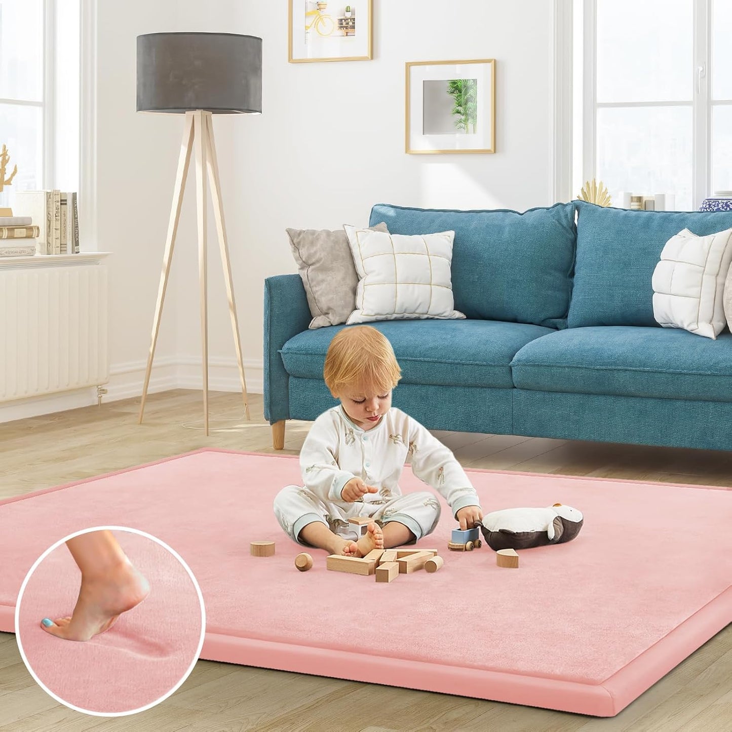 Baby Play Mat for Floor Tummy Time Mat Nursery Muscle Area Rug Playroom Rug Tatami 65"*50" Memory Foam 1.3" Thick Crawling For Babies,Toddlers, Infants, Kids,Floor(Pink)