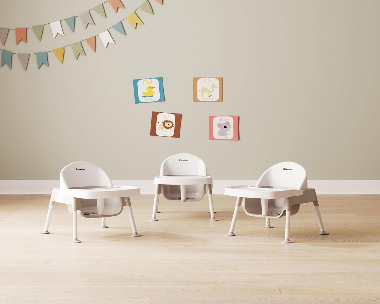 Foundations Secure Sitter Feeding Chairs Multipack, No-Tip Feet, 3-Point Adjustable Harness, Removable Tray, Easy to Clean, Stackable Feeding Chairs, 3 Pack (5 inch)