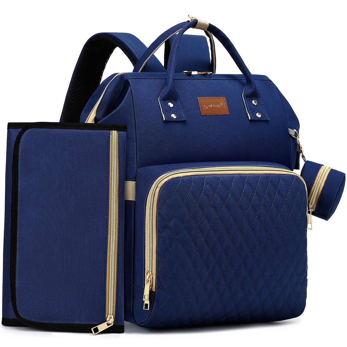 Diaper Bag Backpack with Changing Pad, Pacifier Case, Baby Bag for Boy Girl Toddler - Large, Stylish, Waterproof Travel Quilted Diaper Bag for Mom - Baby Shower - Navy Blue