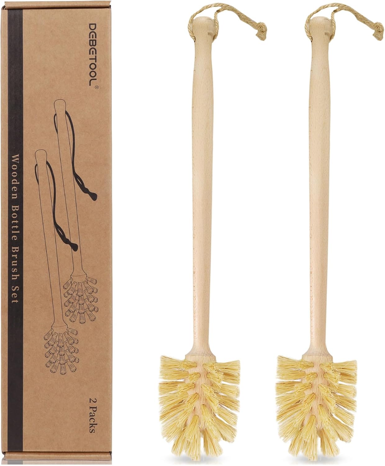 2-Pack Natural Wooden Bottle Brush with Sisal Bristles, Long Handle Bottle Brush Cleaner for Wide Mouth Jars, Water Bottles, Cups, Glasses, Baby Bottles (Non-Scratch)