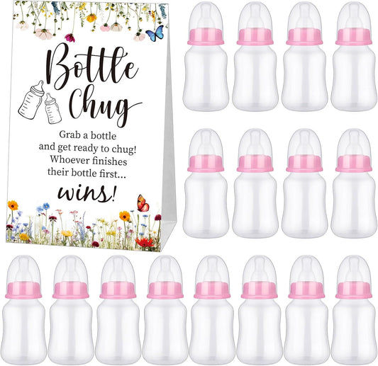 TrelaCo Bottle Chug Baby Shower Game Sign 20 Pcs Baby Bottles Shower Favor Plastic Greenery Flowers Bear Elephant Butterfly Gift Set for Gender Reveal Party (Wildflower, Pink)